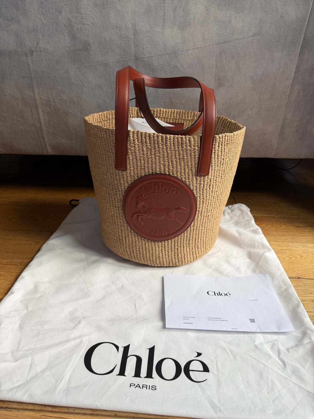 Chloe horse medal large basket bag in sepia brown