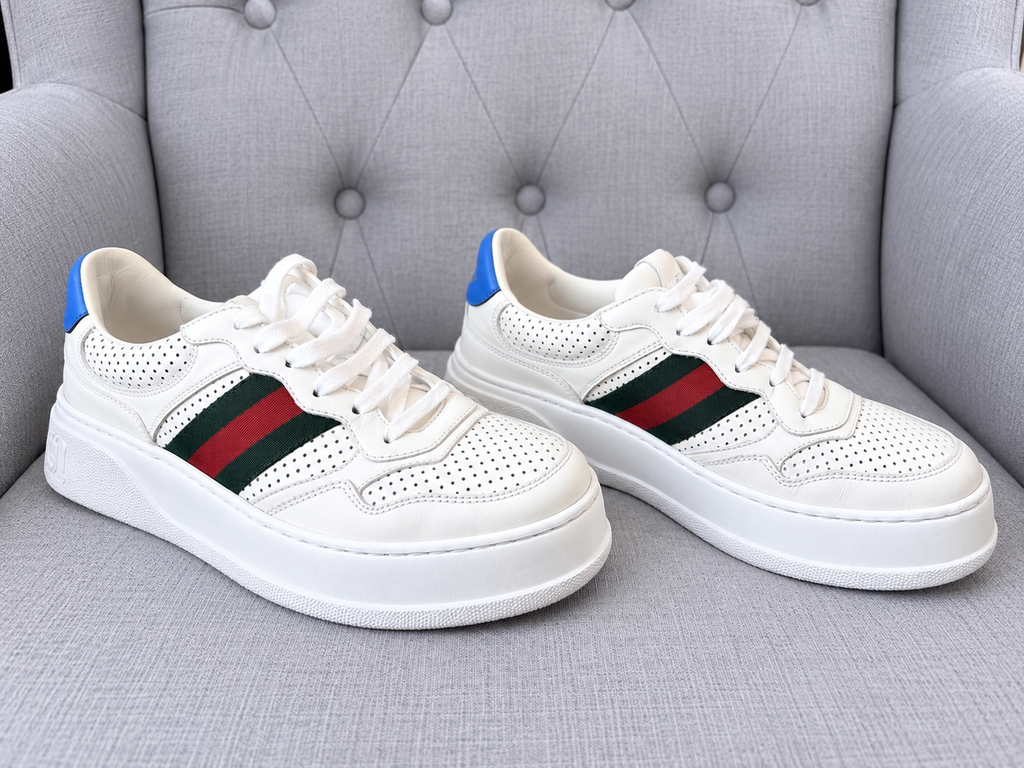 Gucci Women’s Chunky Leather Trainers with Web Detail & Light Blue Heel – EU 36.5 / UK 3.5 – Brand New