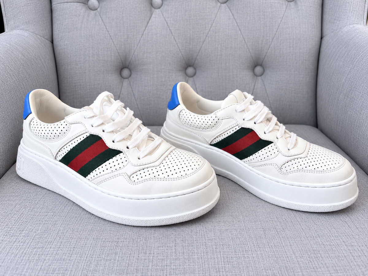 Gucci Women’s Chunky Leather Trainers with Web Detail & Light Blue Heel – EU 36.5 / UK 3.5 – Brand New