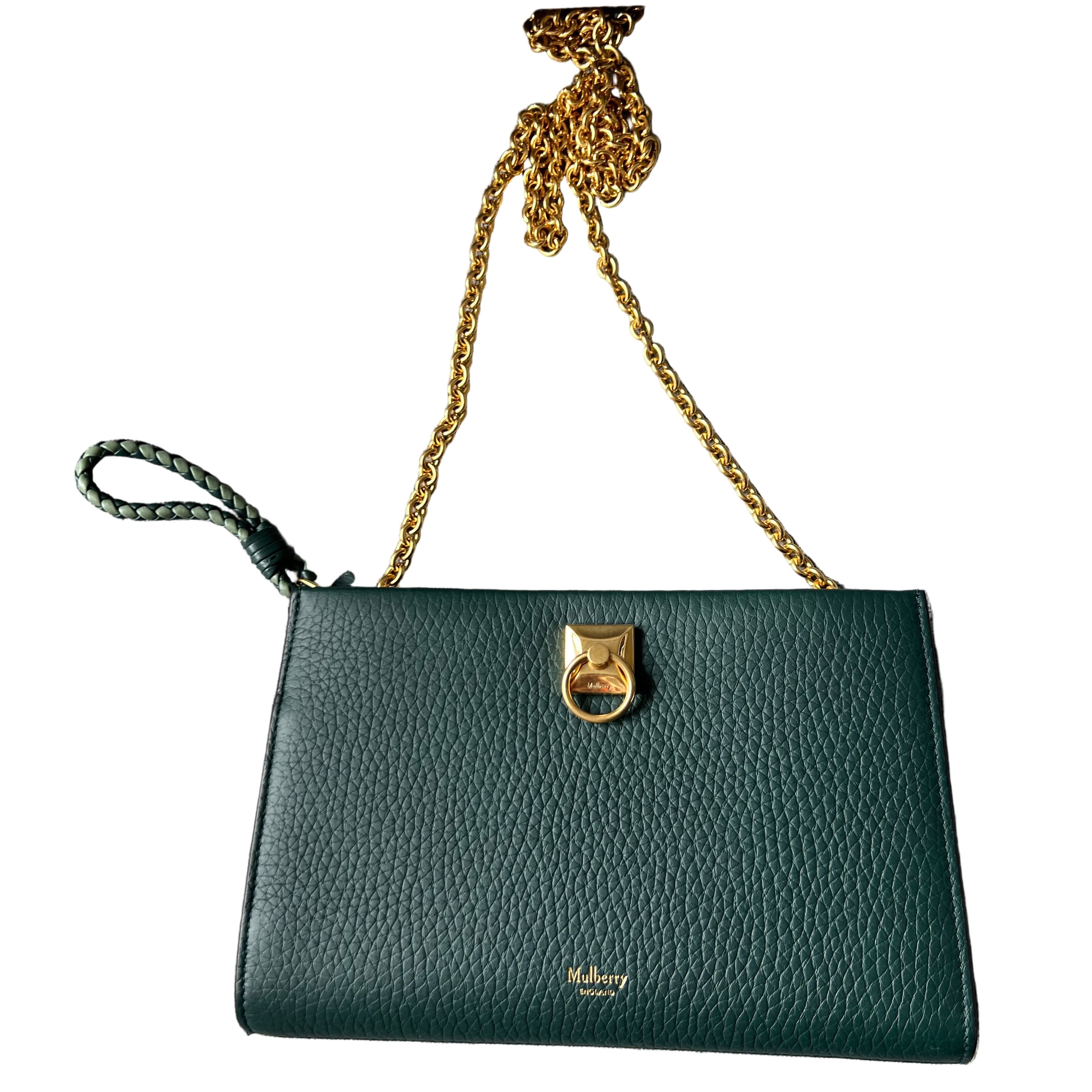 New Mulberry Iris Wallet On Chain Bag In Mulberry Green with Matching Zip Pull