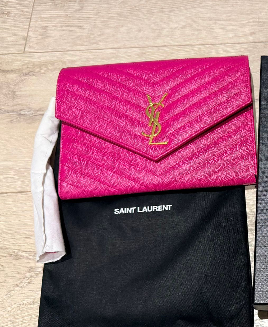 Fuschia Pink Saint Laurent Cassandre Matelassé Flap Pouch wristlet Bag In Grain De Poudre Leather