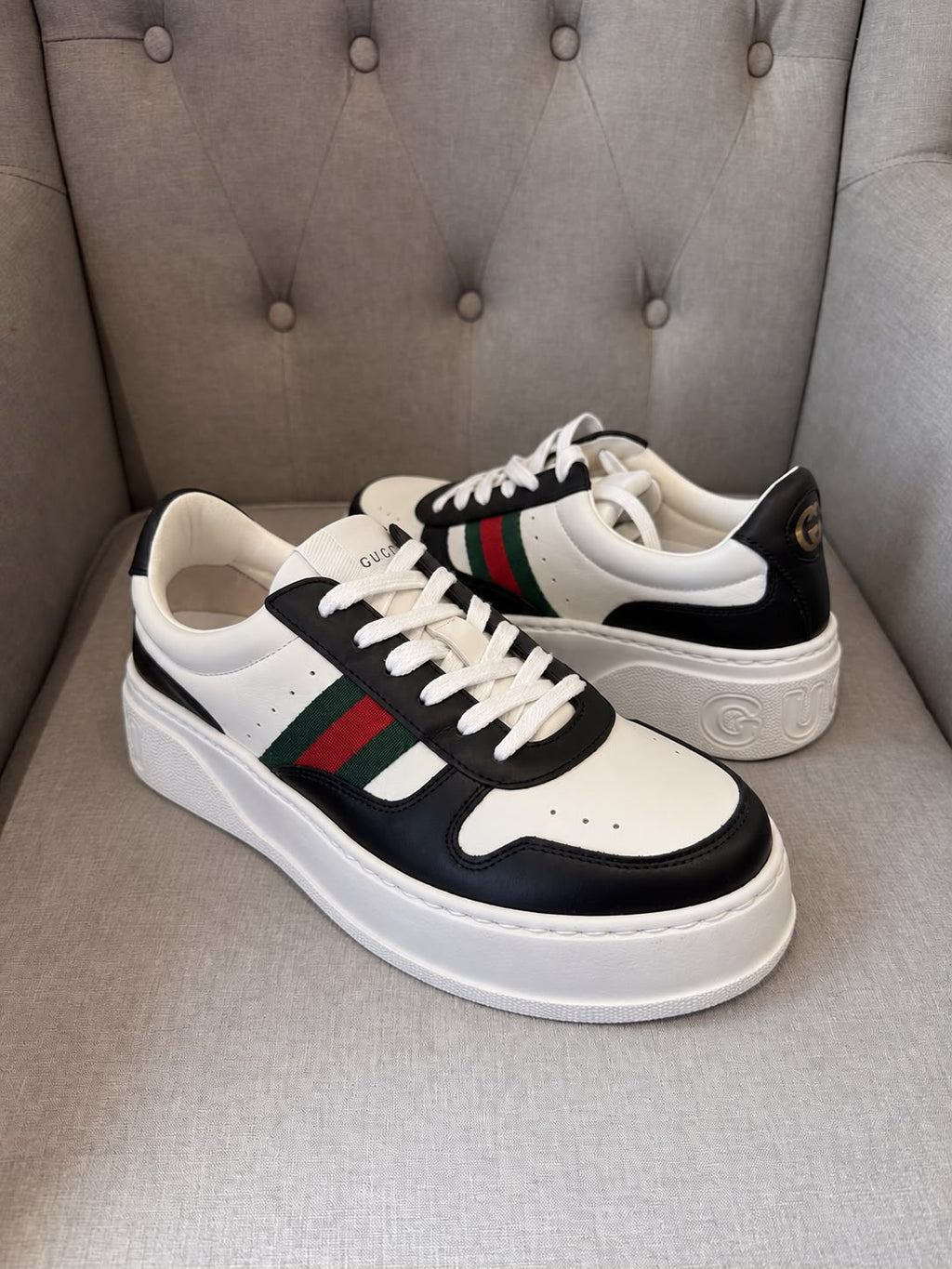 Gucci Women’s Chunky Leather Trainers with Web Detail – EU 36 / UK 3 – Brand New in Box