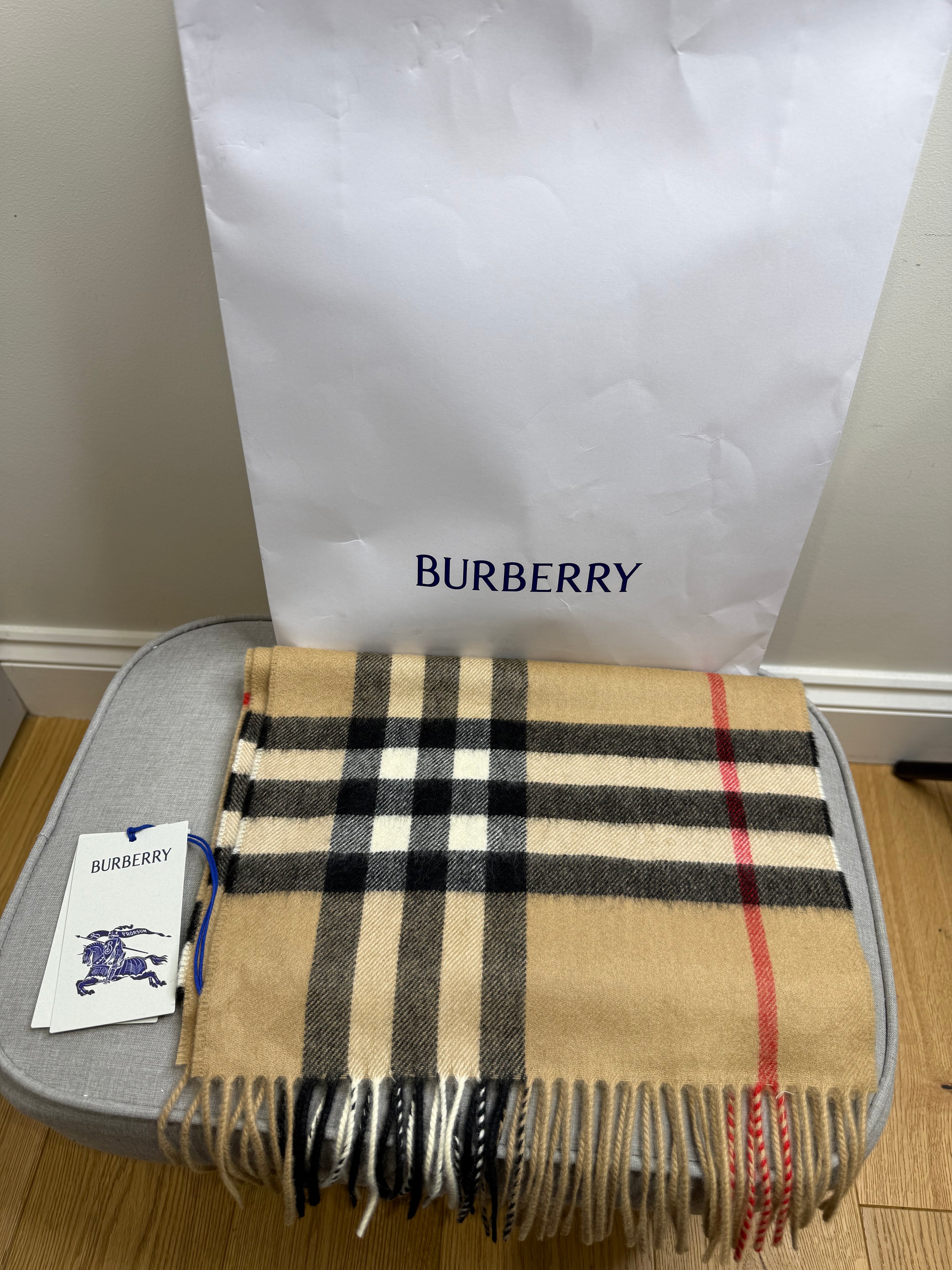 New With Tags Burberry Classic Check Cashmere Scarf - Beige