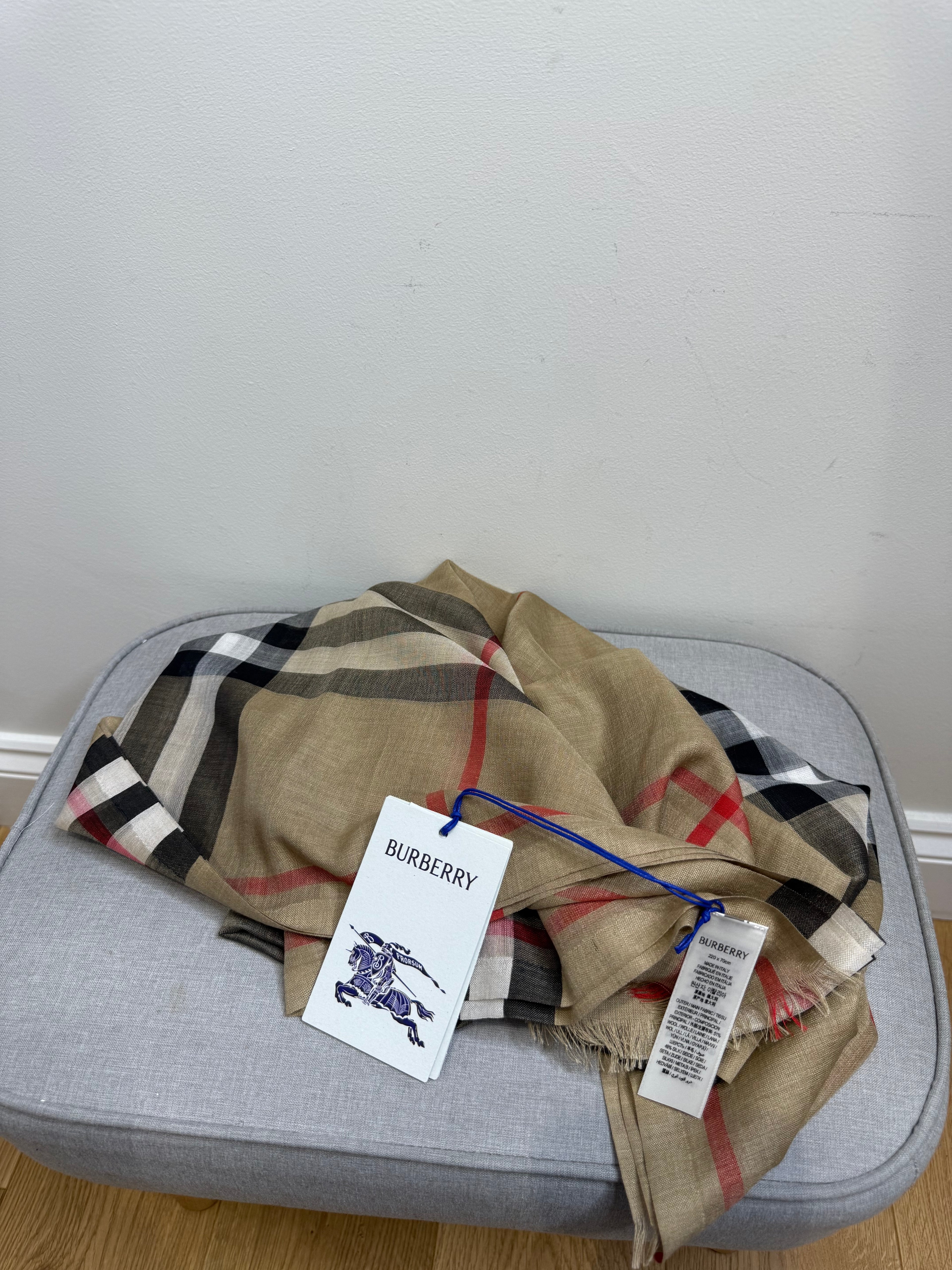 New Burberry Classic Check Wool And Silk Mix Scarf