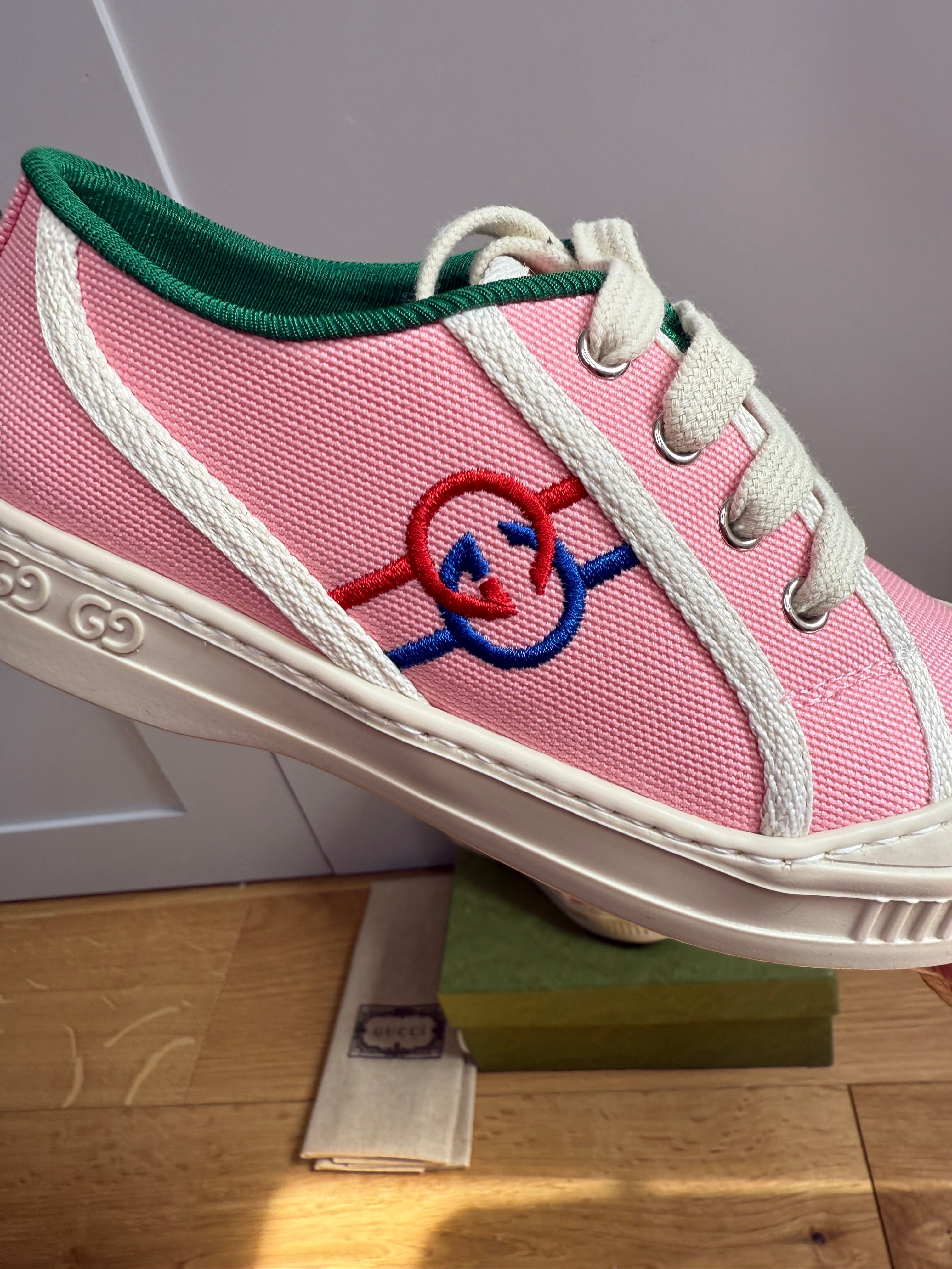 New Gucci GG Embroidered Kids Canvas Trainers In Pink