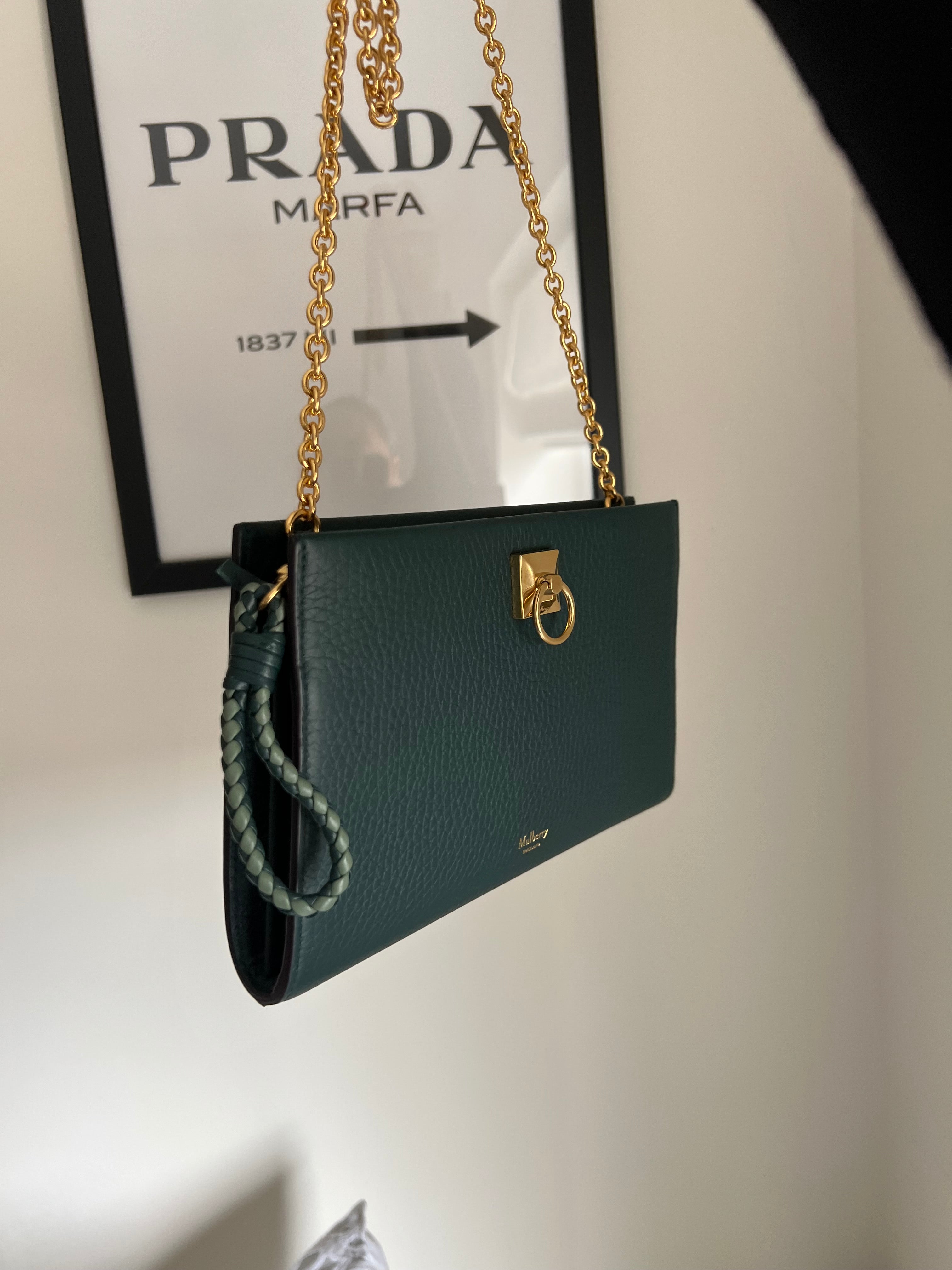 New Mulberry Iris Wallet On Chain Bag In Mulberry Green with Matching Zip Pull