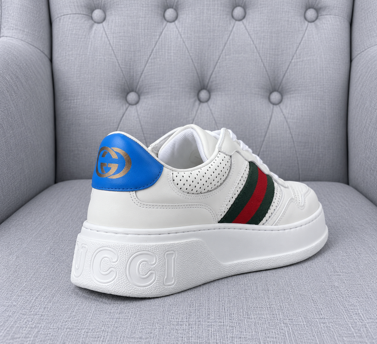 Gucci Women’s Chunky Leather Trainers with Web Detail & Light Blue Heel – EU 36.5 / UK 3.5 – Brand New