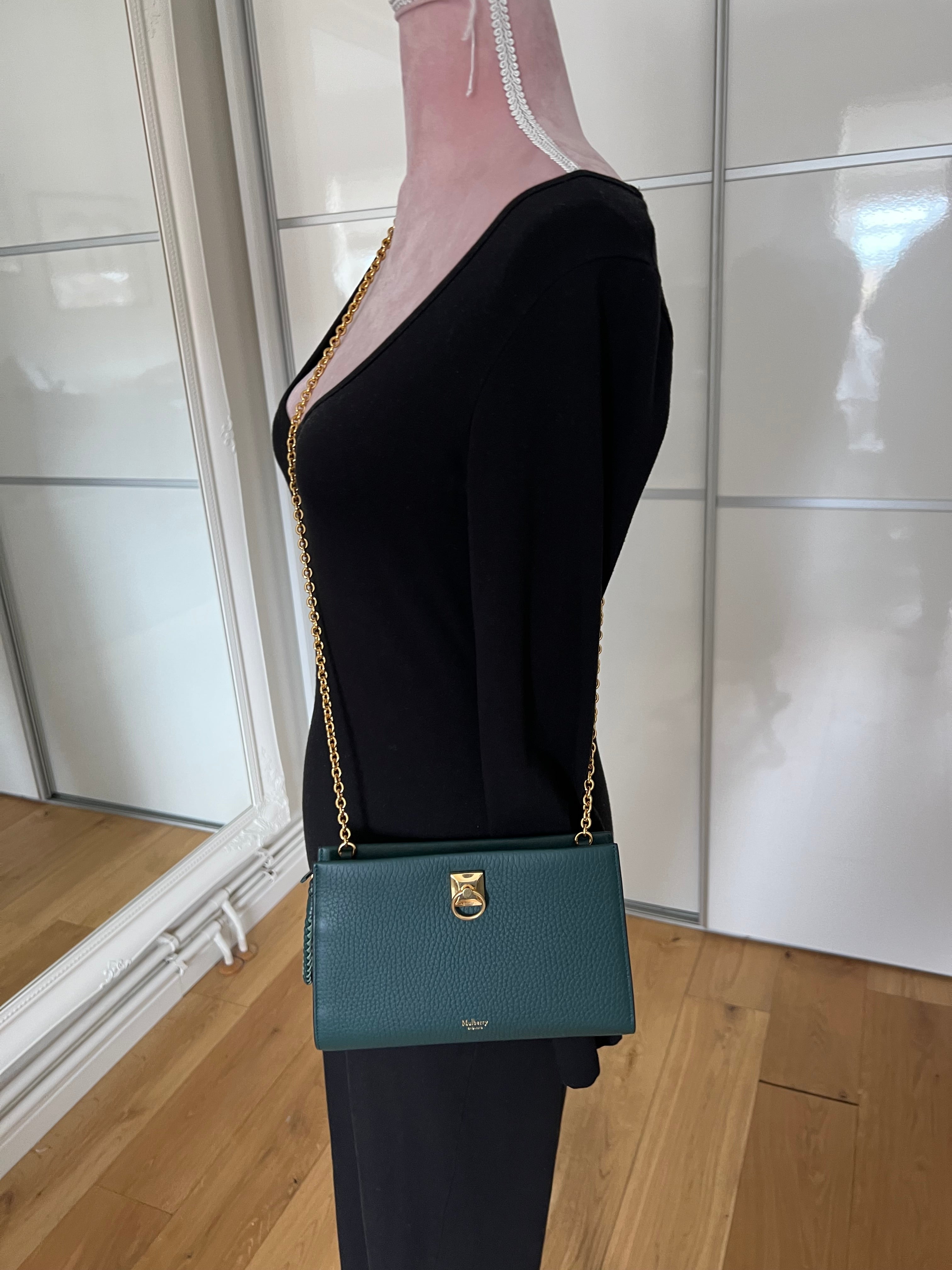 New Mulberry Iris Wallet On Chain Bag In Mulberry Green with Matching Zip Pull