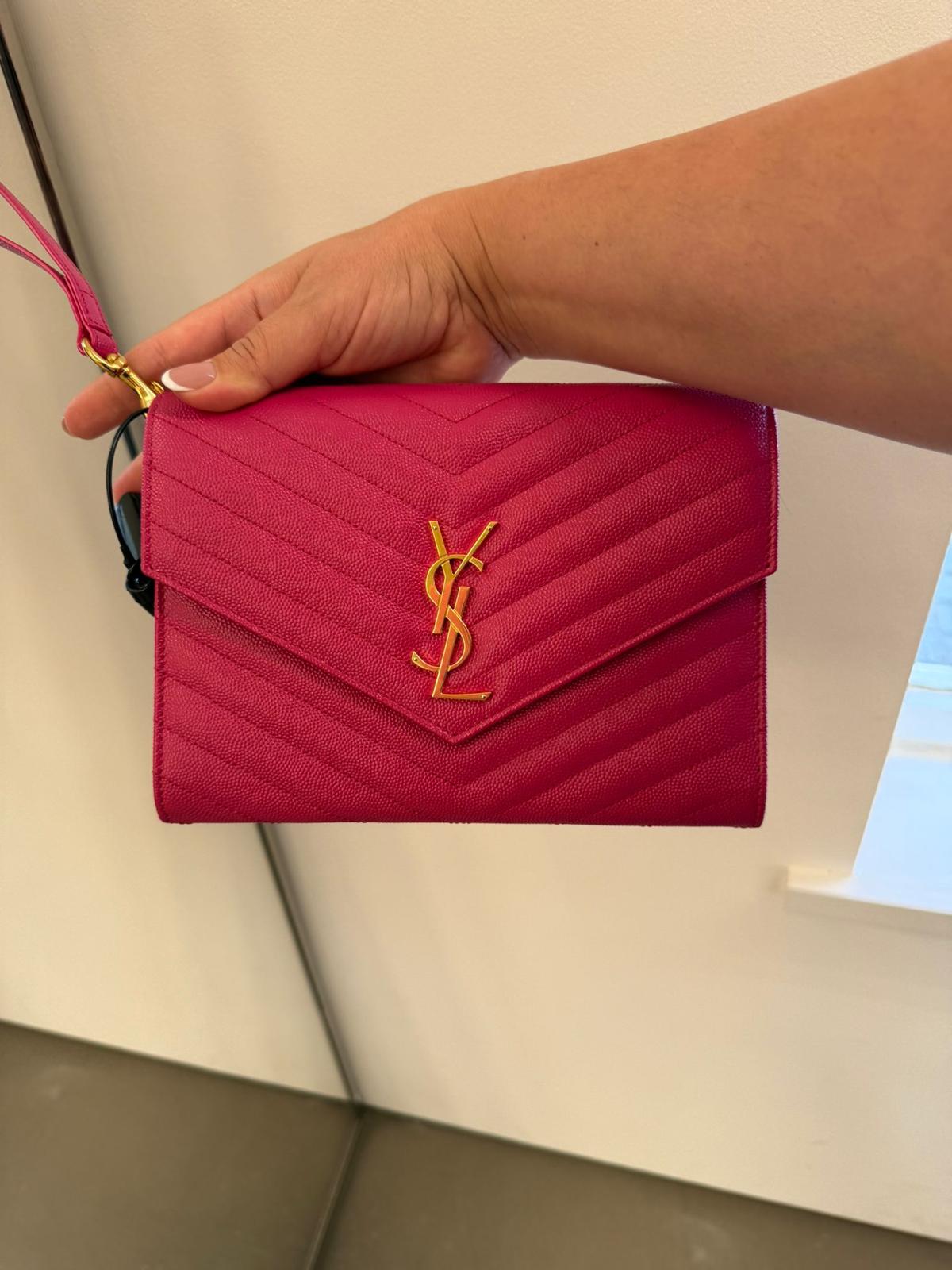 Fuschia Pink Saint Laurent Cassandre Matelassé Flap Pouch wristlet Bag In Grain De Poudre Leather