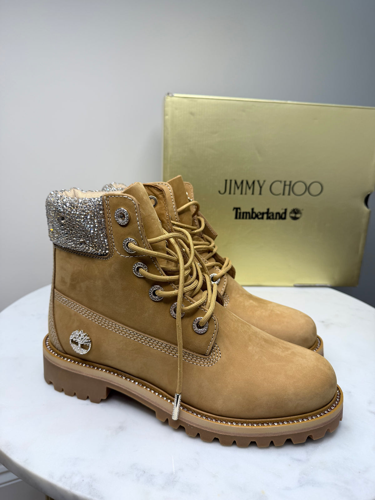 Jimmy Choo x Timberland 6-Inch Premium Crystal Collar Boots – Wheat – UK 7 / EU 40 – Brand New in Box