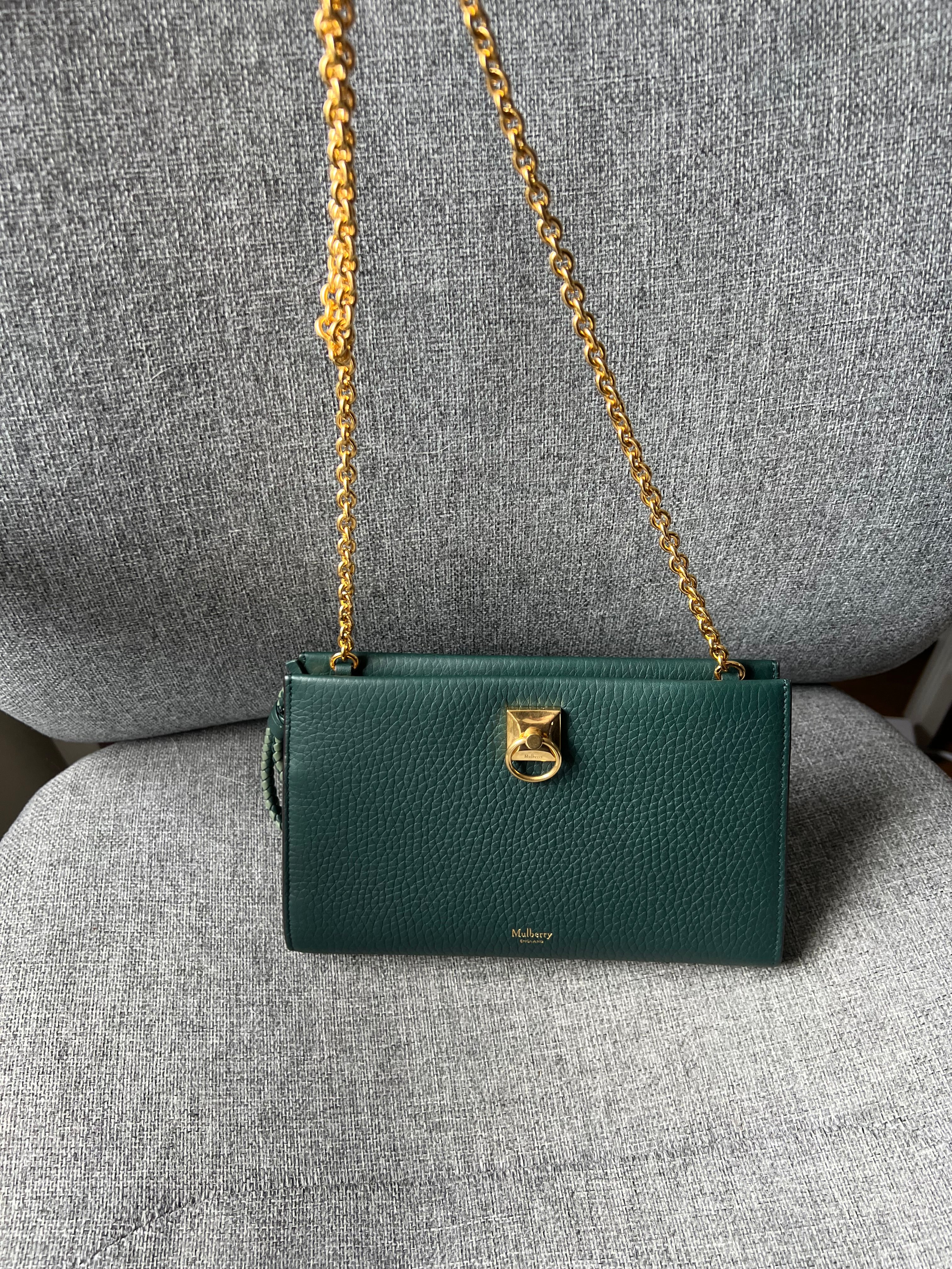 New Mulberry Iris Wallet On Chain Bag In Mulberry Green with Matching Zip Pull