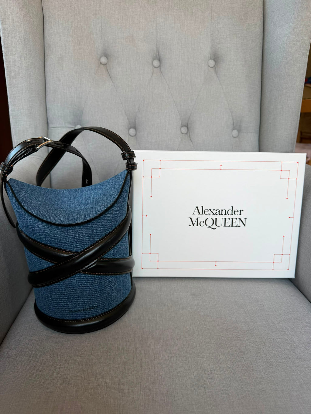 Alexander McQueen Small 'The Curve' Denim & Leather Bucket Bag – RRP £1250