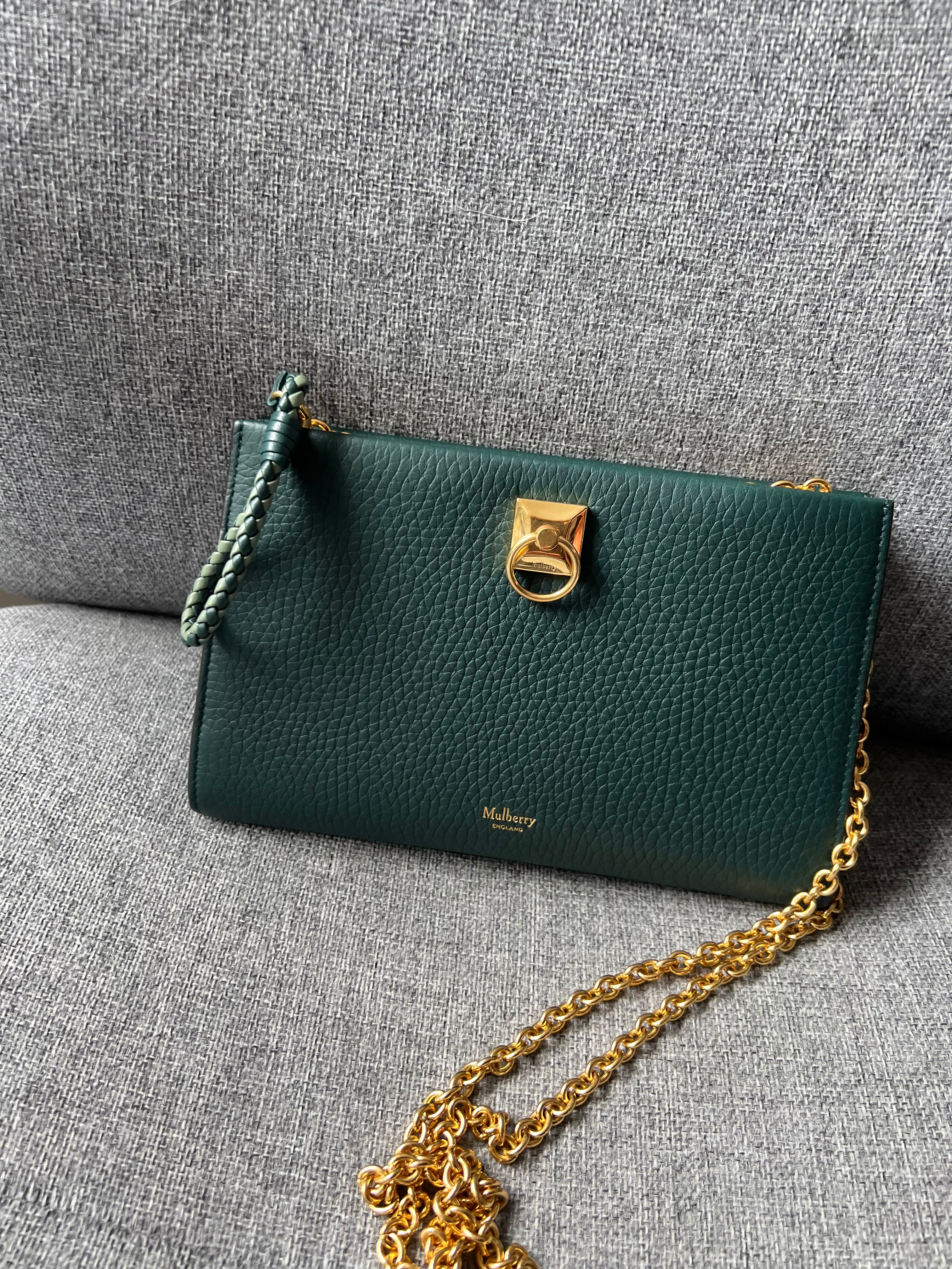 New Mulberry Iris Wallet On Chain Bag In Mulberry Green with Matching Zip Pull