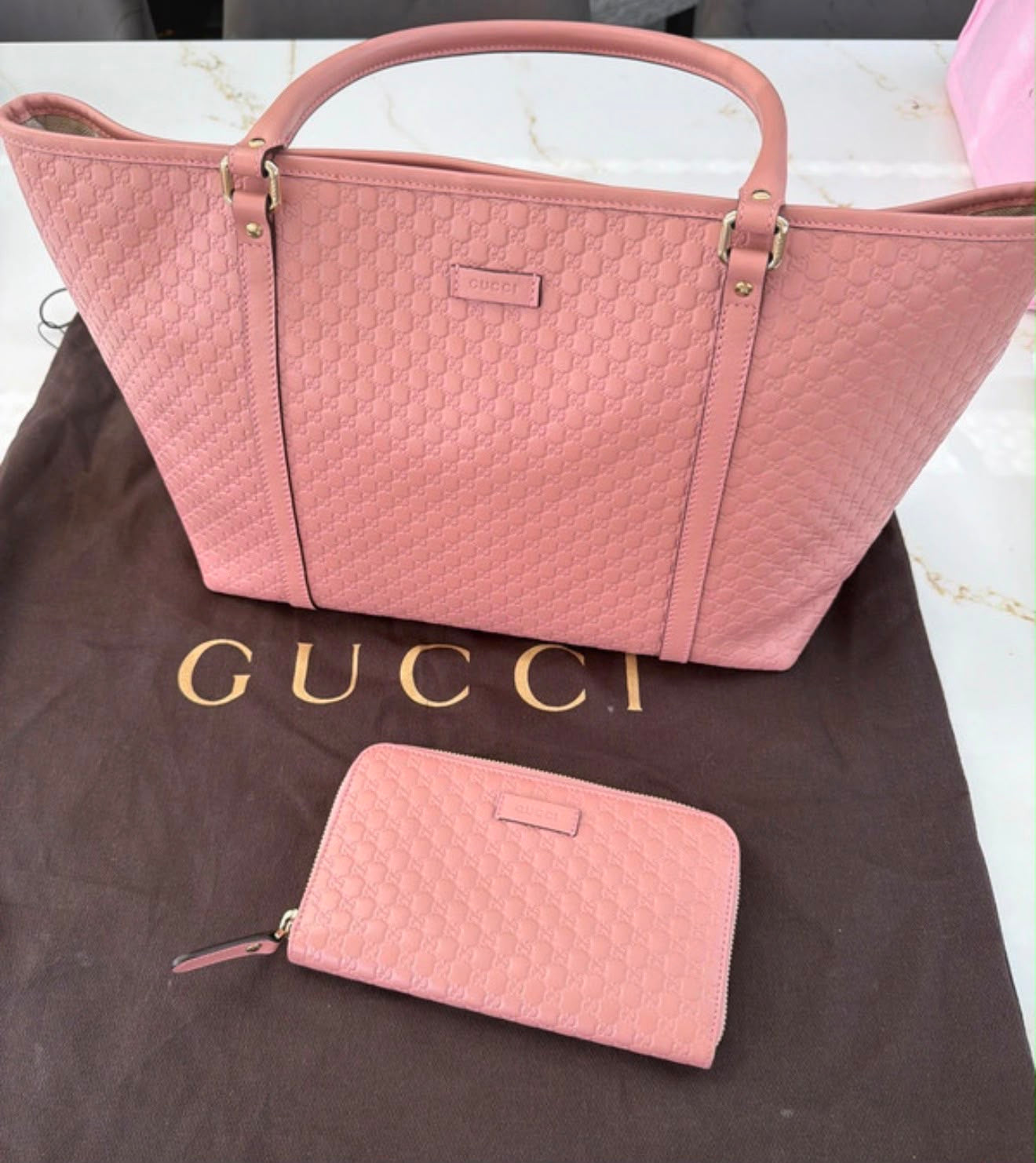 Gucci micro gg Guccissima pink tote bag and matching wallet