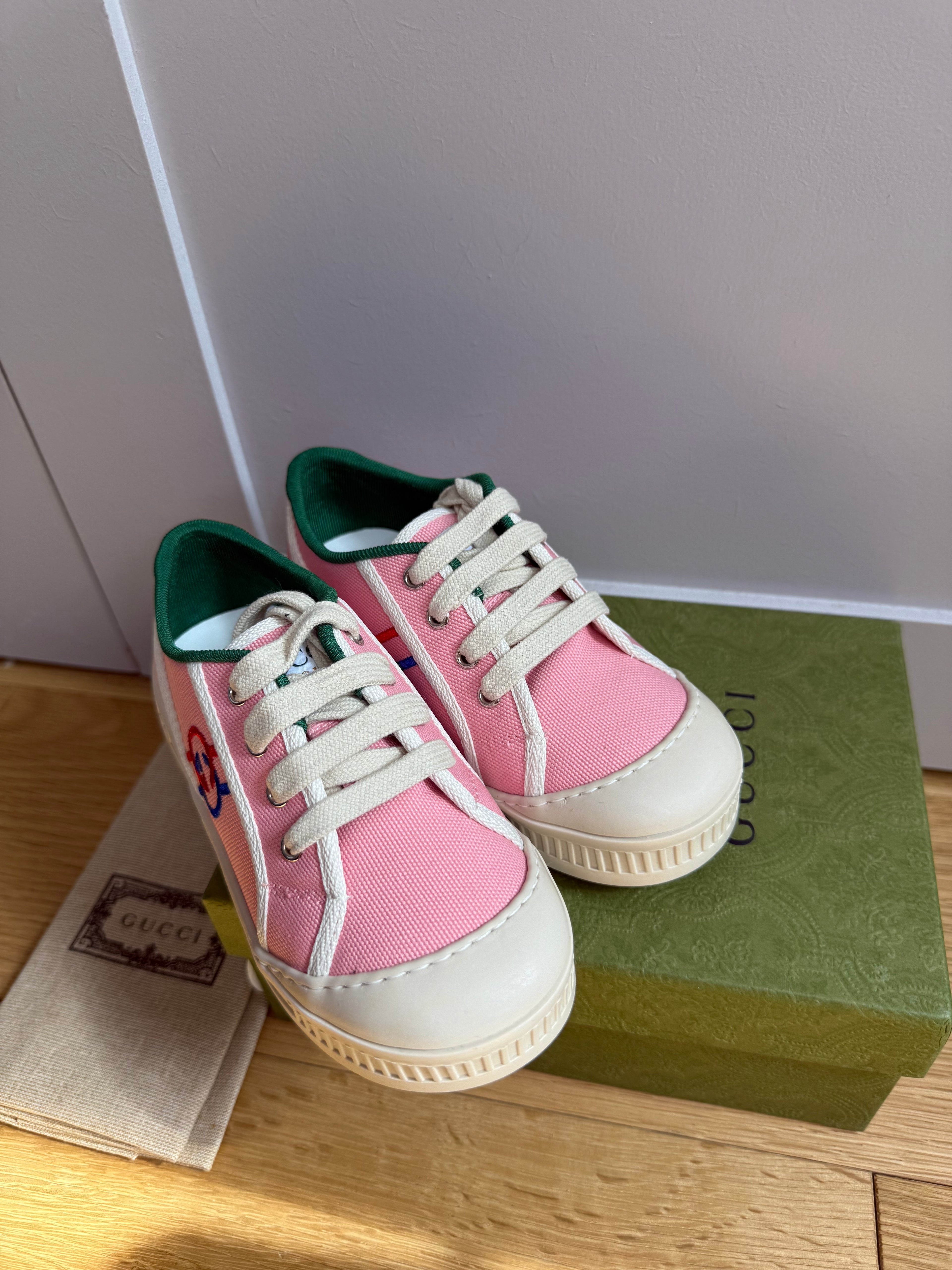 New Gucci GG Embroidered Kids Canvas Trainers In Pink
