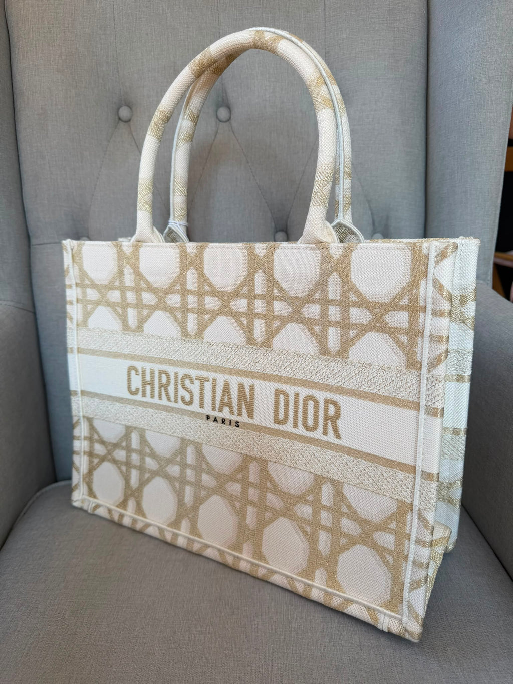 Christian Dior Medium Book Tote Bag Gold and Beige - Brand New