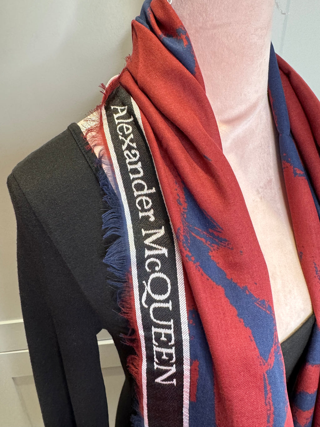 Alexander McQueen Graffiti Bordered Scarf Red and Blue