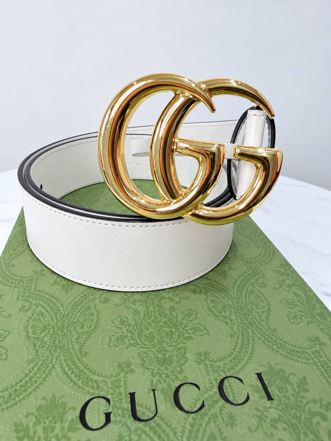 Gucci Marmont Leather Belt – Ivory &amp; Shiny Gold-Tone – Size 80 – Brand New in Box