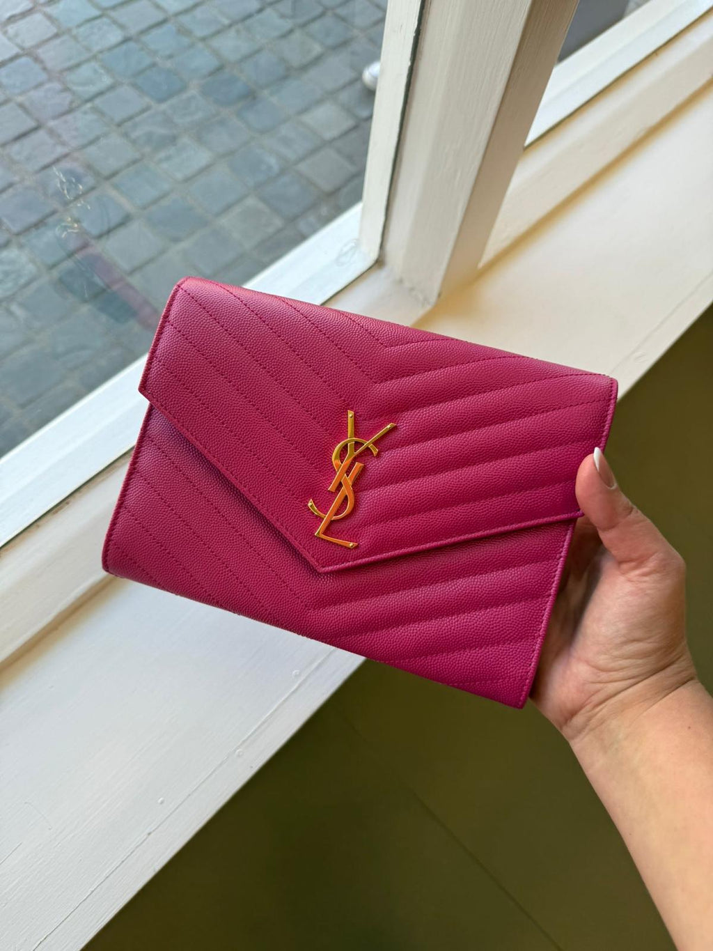 Fuschia Pink Saint Laurent Cassandre Matelassé Flap Pouch wristlet Bag In Grain De Poudre Leather