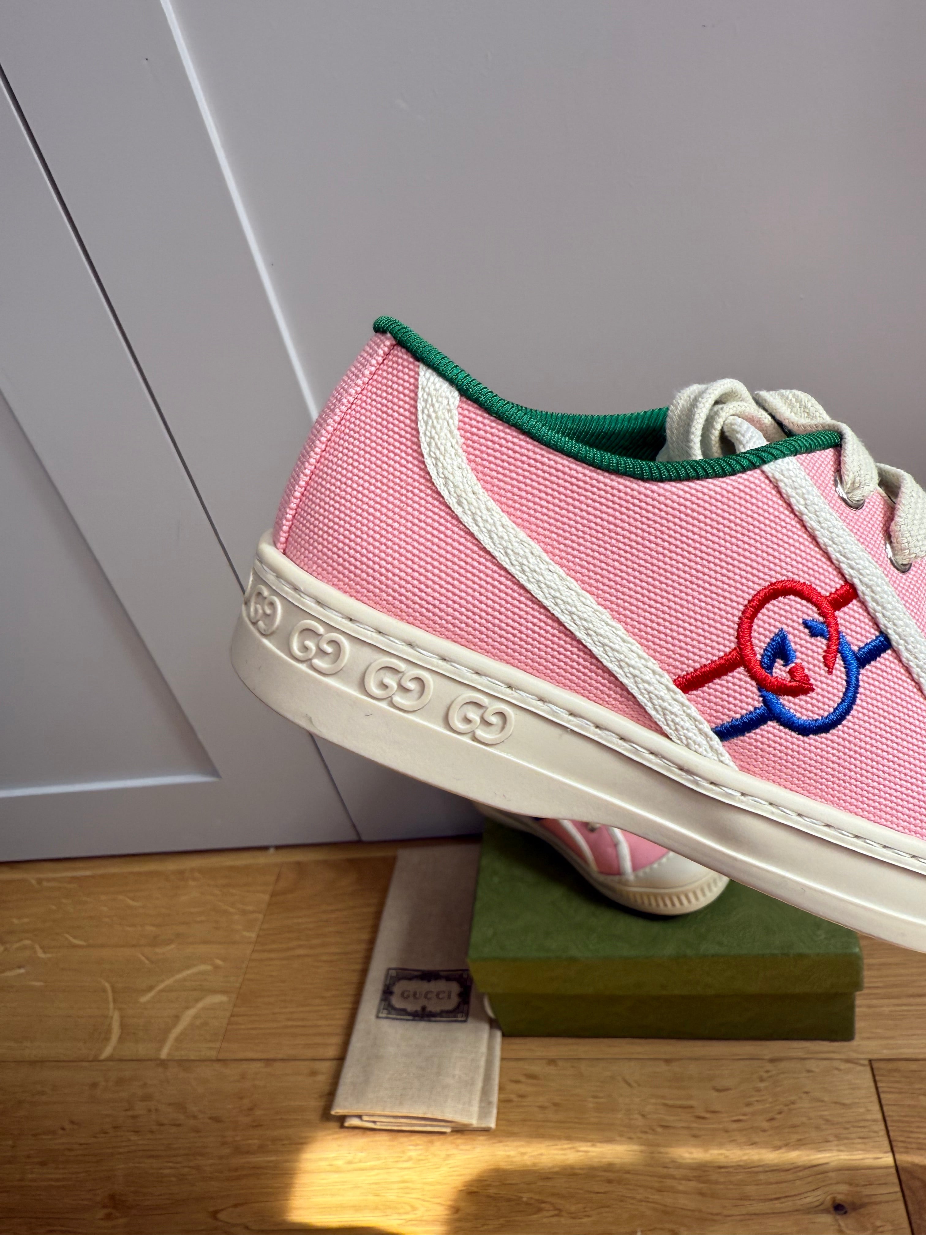 New Gucci GG Embroidered Kids Canvas Trainers In Pink