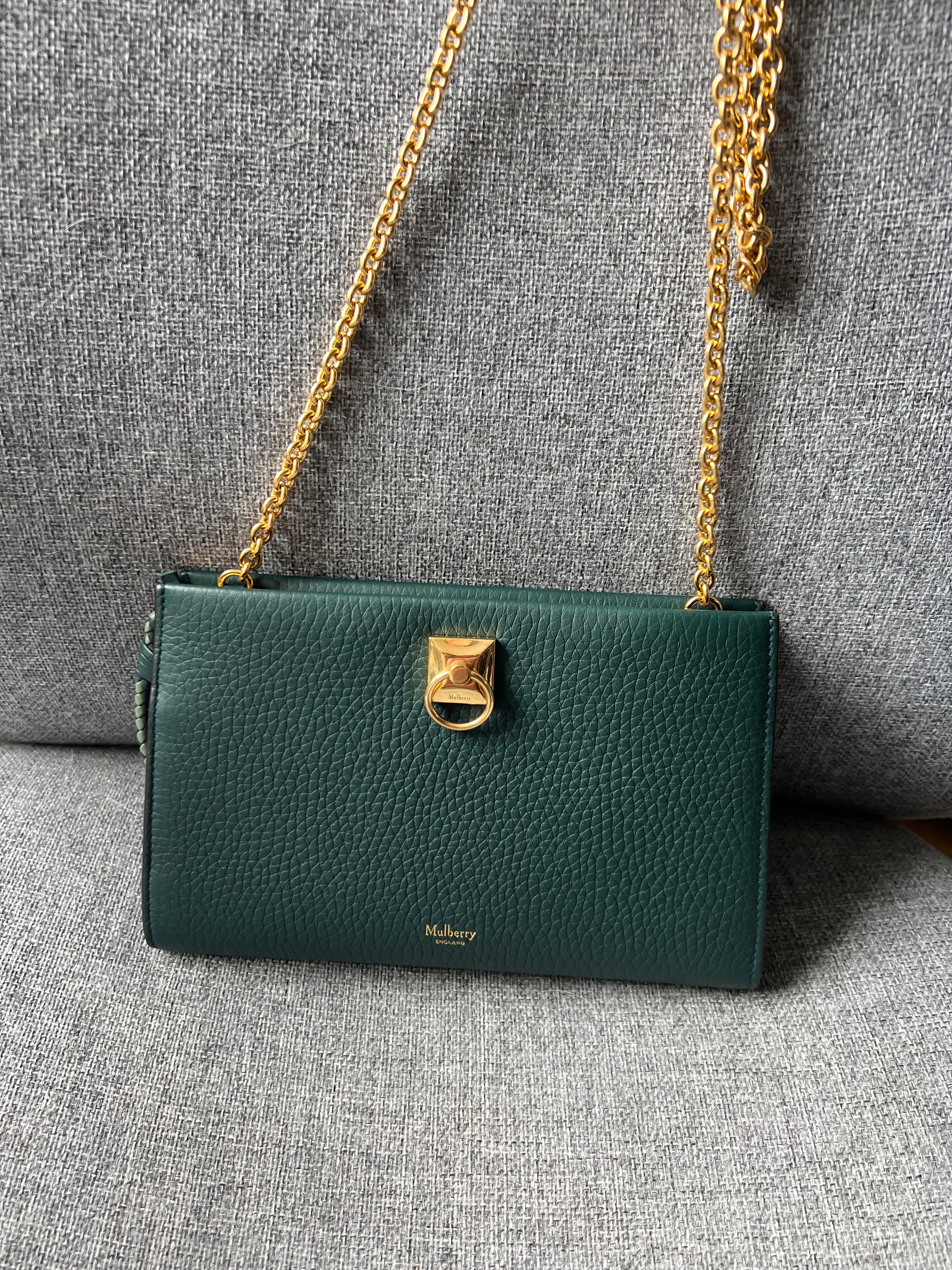 New Mulberry Iris Wallet On Chain Bag In Mulberry Green with Matching Zip Pull