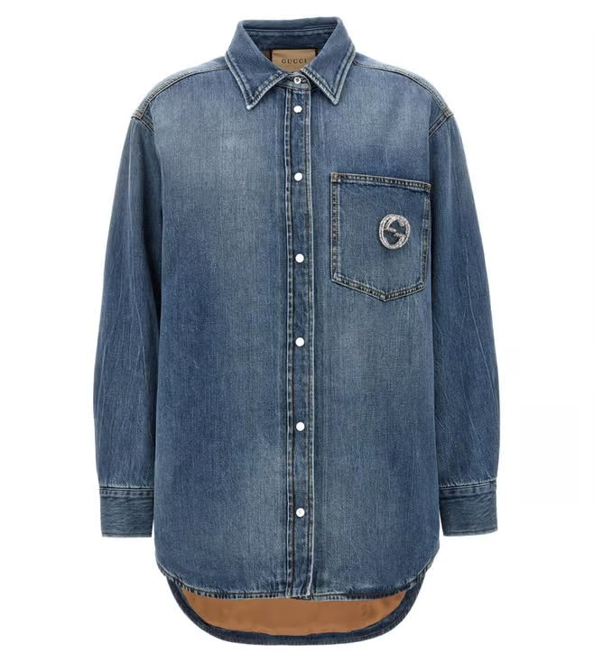 Gucci Interlocking G Denim Jacket with Crystal Brooch – Blue  – Brand New with Tags