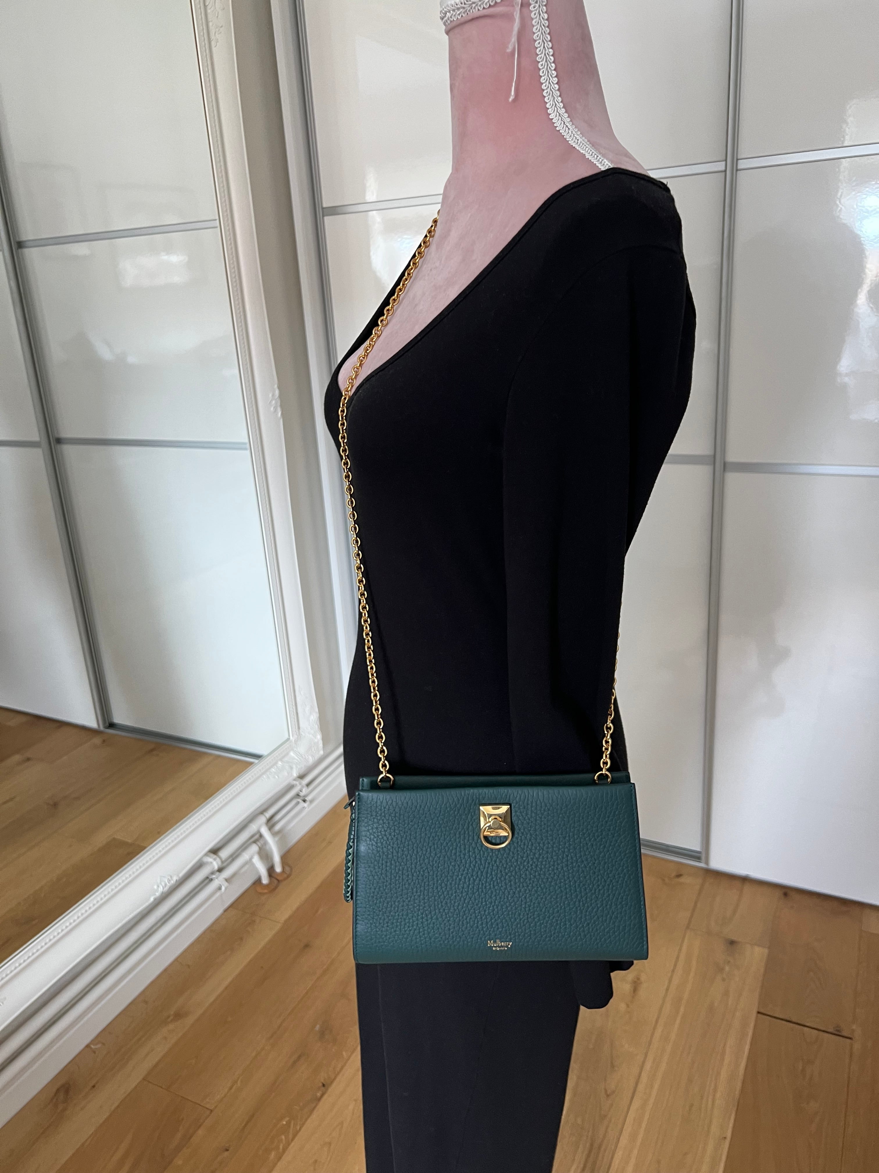 New Mulberry Iris Wallet On Chain Bag In Mulberry Green with Matching Zip Pull