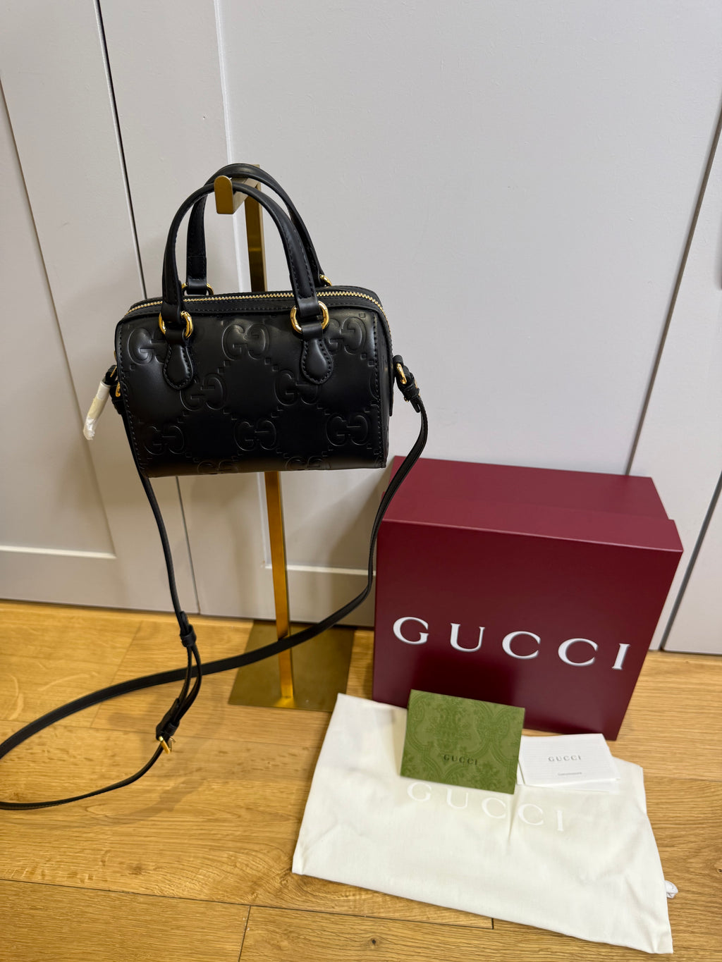 New Gucci GG Leather Crossbody Bag Black & Gold Hdw