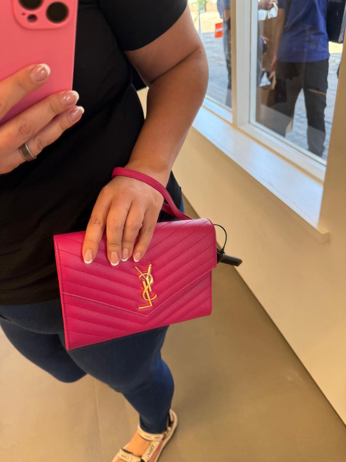 Fuschia Pink Saint Laurent Cassandre Matelassé Flap Pouch wristlet Bag In Grain De Poudre Leather