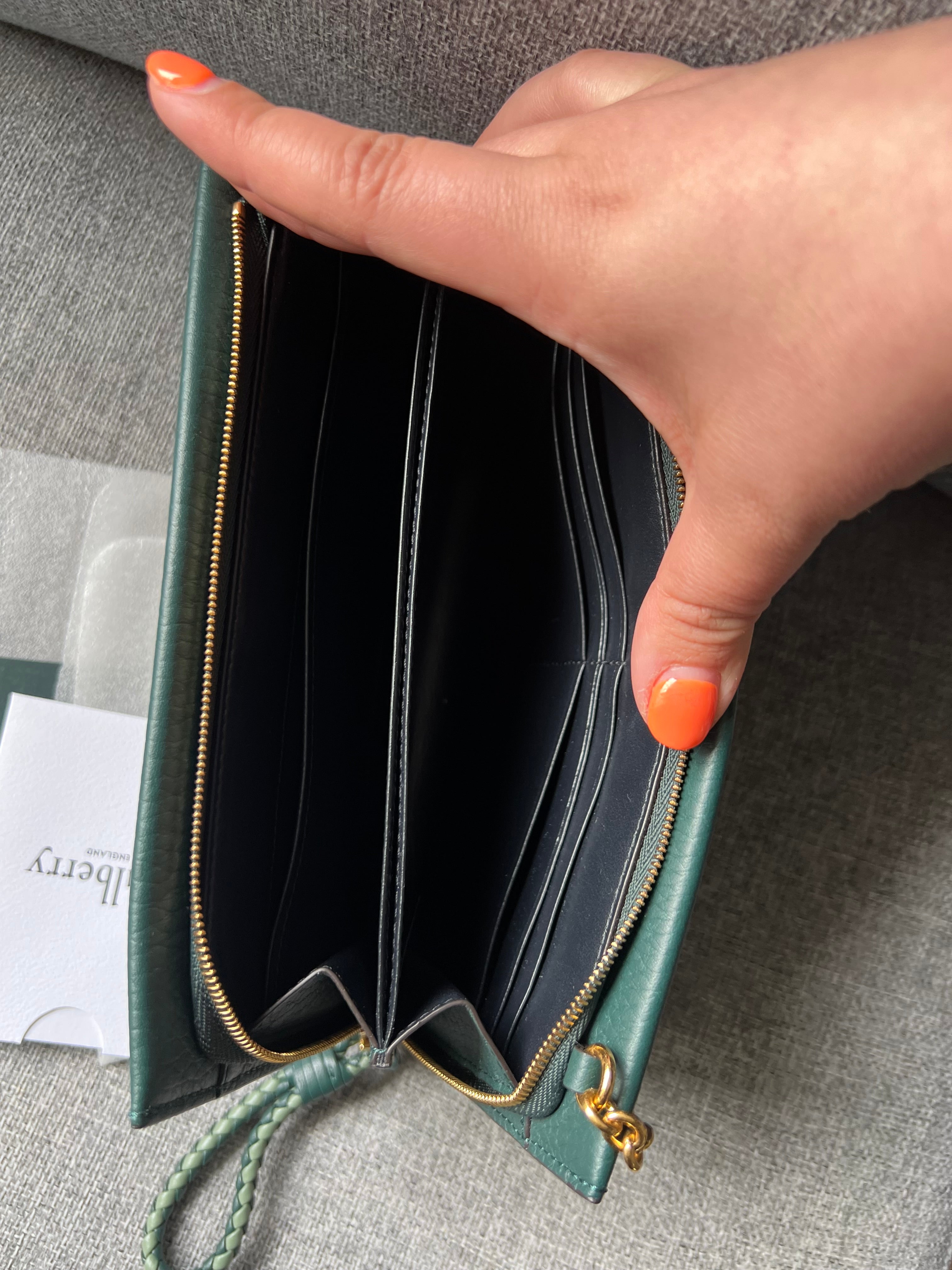 New Mulberry Iris Wallet On Chain Bag In Mulberry Green with Matching Zip Pull