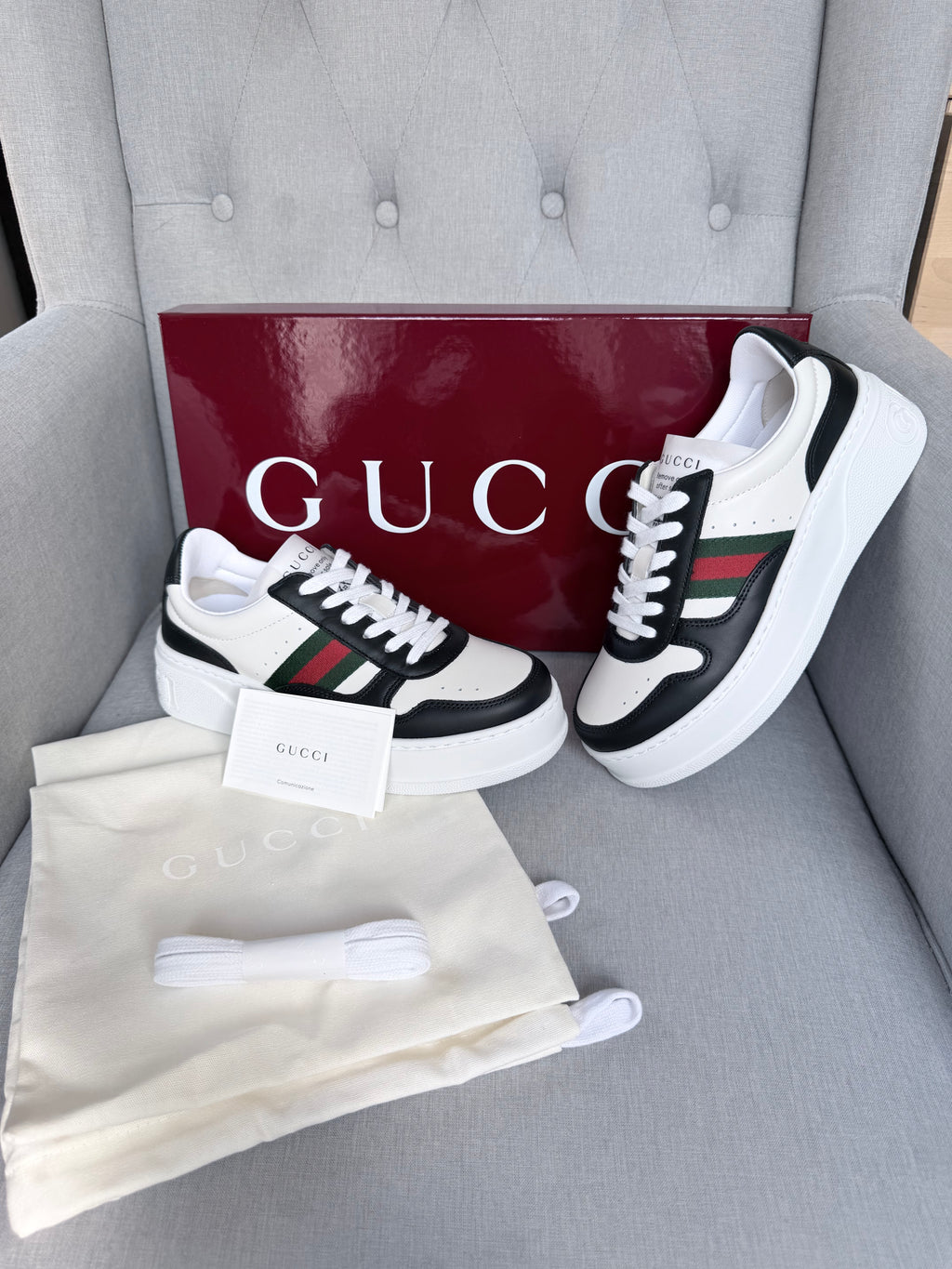 Gucci Women’s Chunky Leather Trainers with Web Detail – EU 36 / UK 3 – Brand New in Box