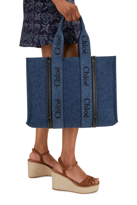 Chloé Medium Woody Denim Tote Bag – Blue & Black – Brand New with Tags