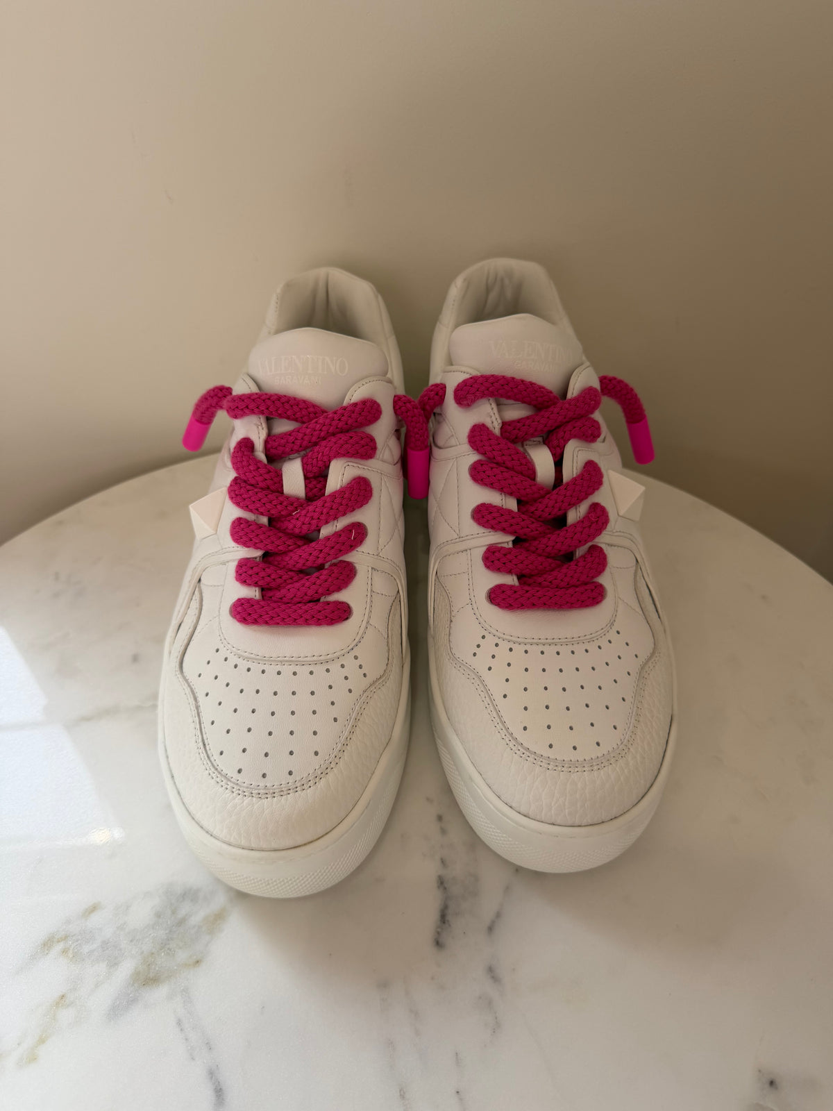 Valentino Garavani White Leather Trainees with Pink Laces - Eu 42