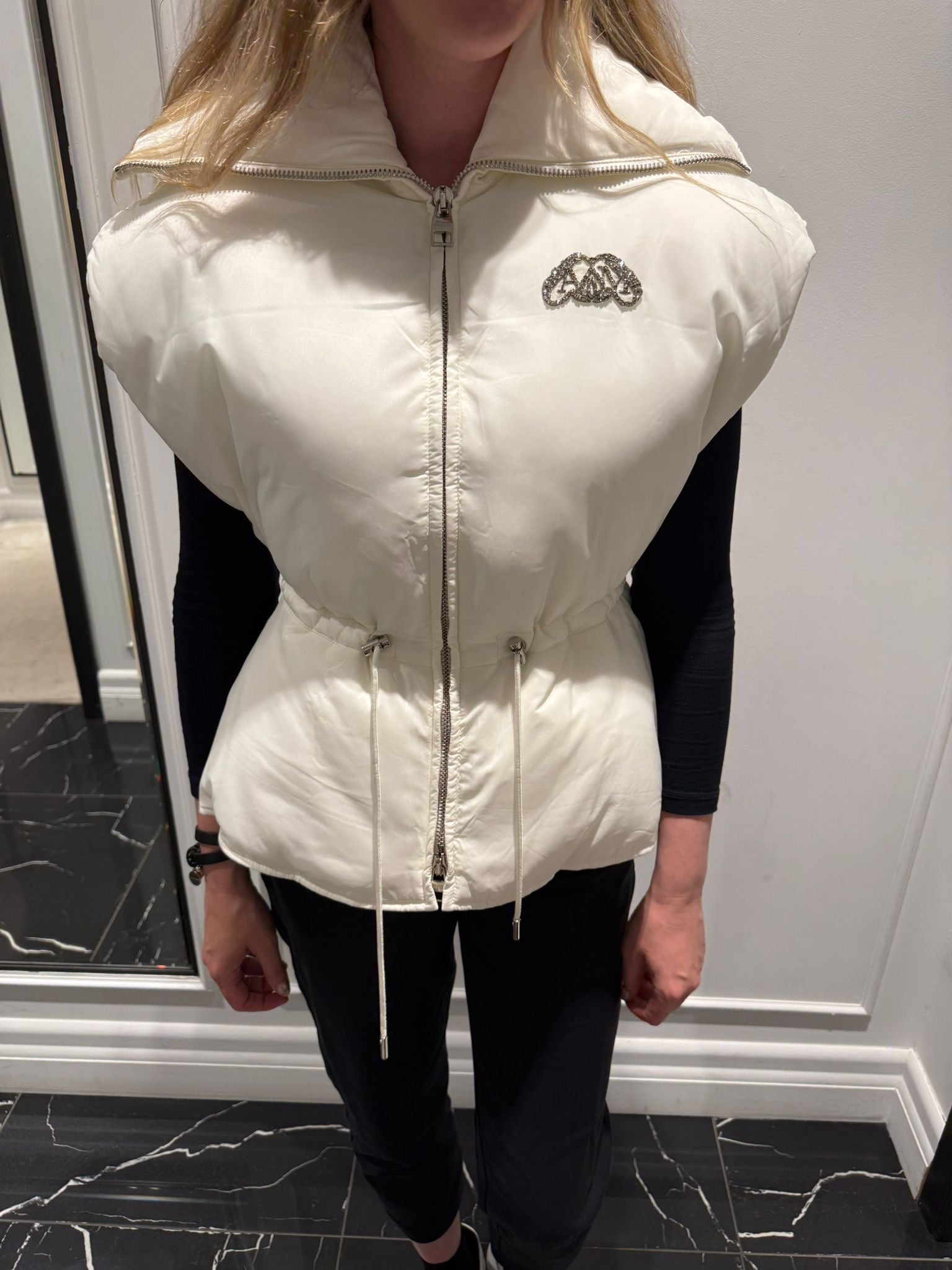 New Alexander McQueen Padded Gilet In White With Crystallised AM Logo