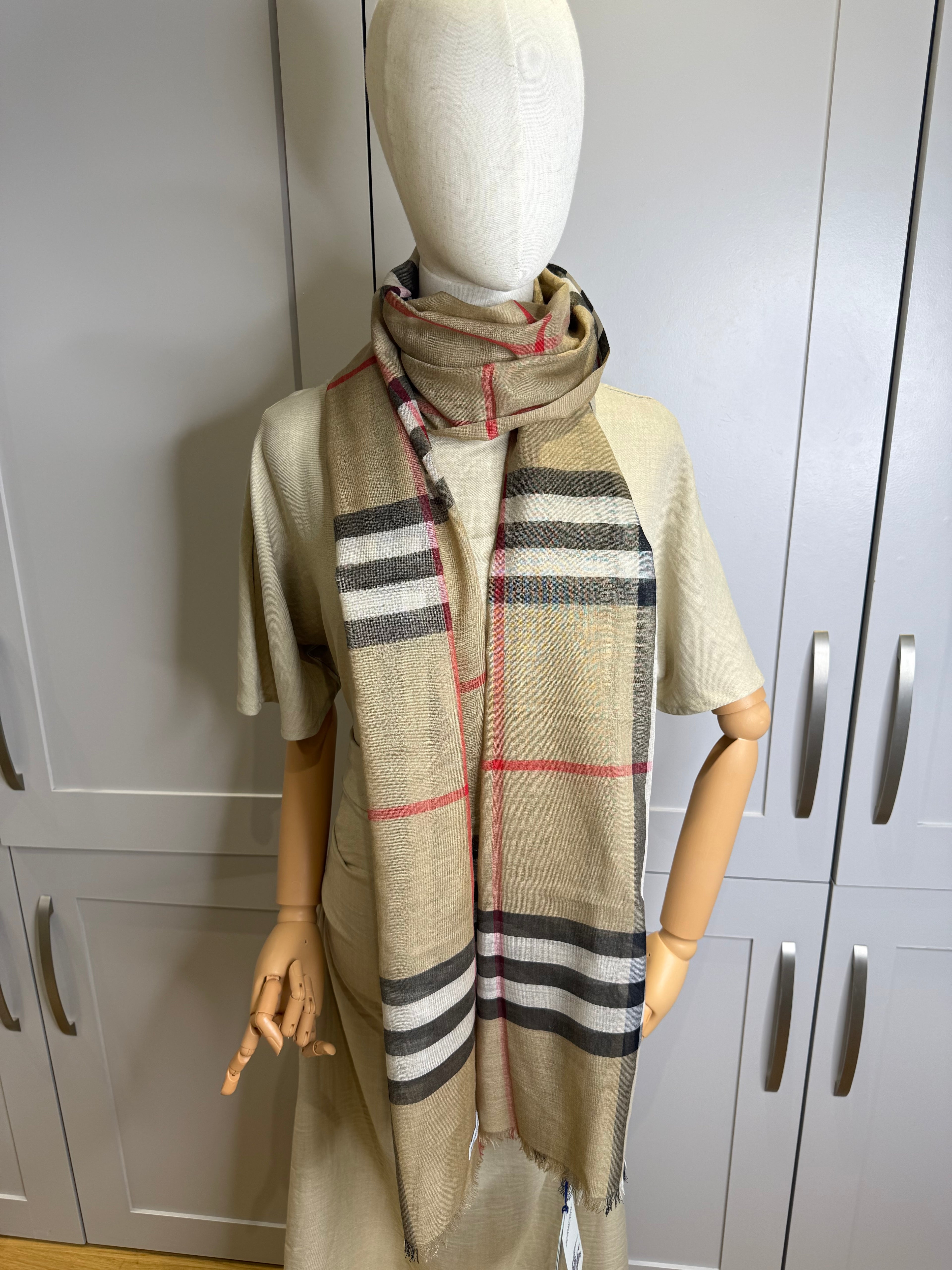 New Burberry Classic Check Wool And Silk Mix Scarf