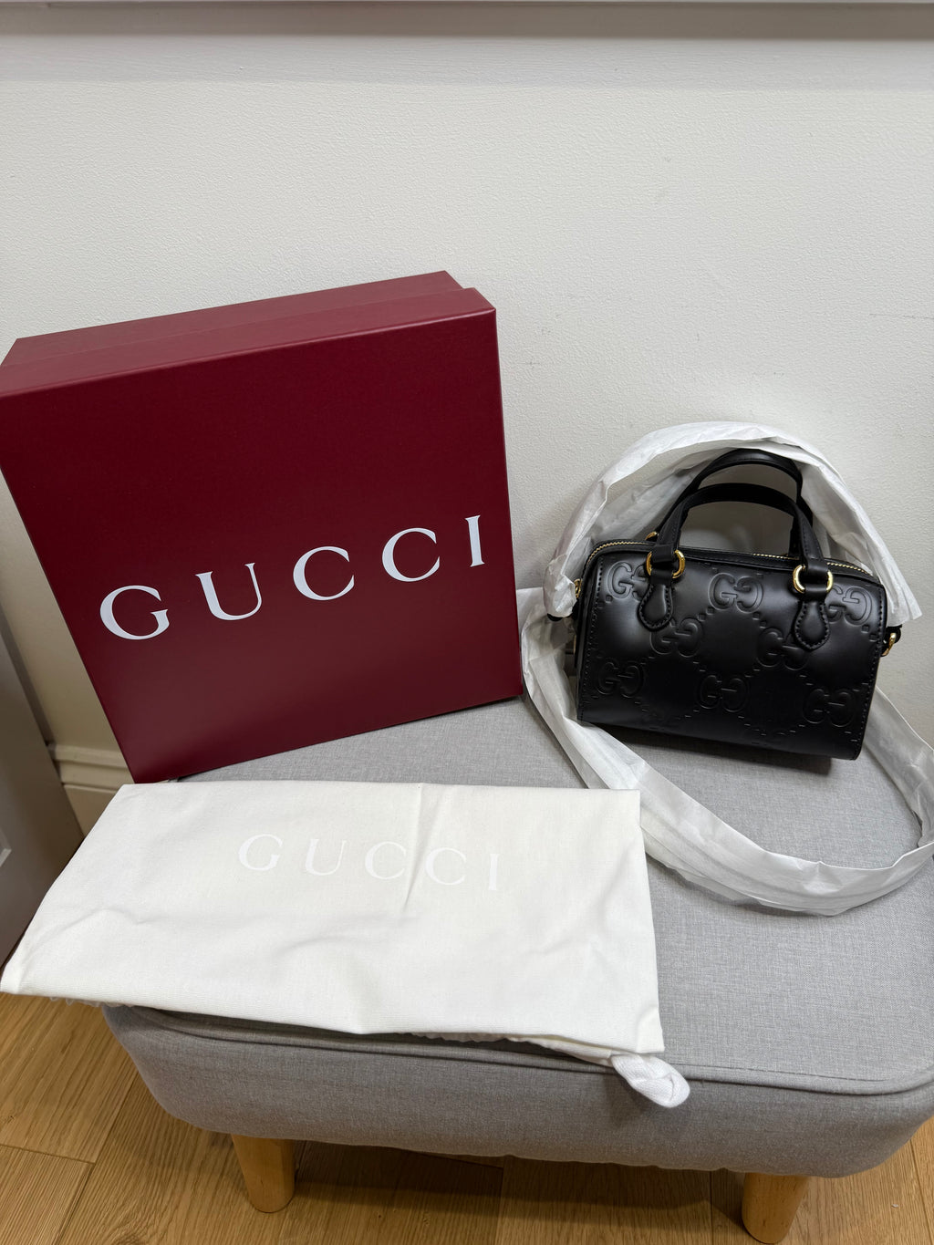 New Gucci GG Leather Crossbody Bag Black & Gold Hdw