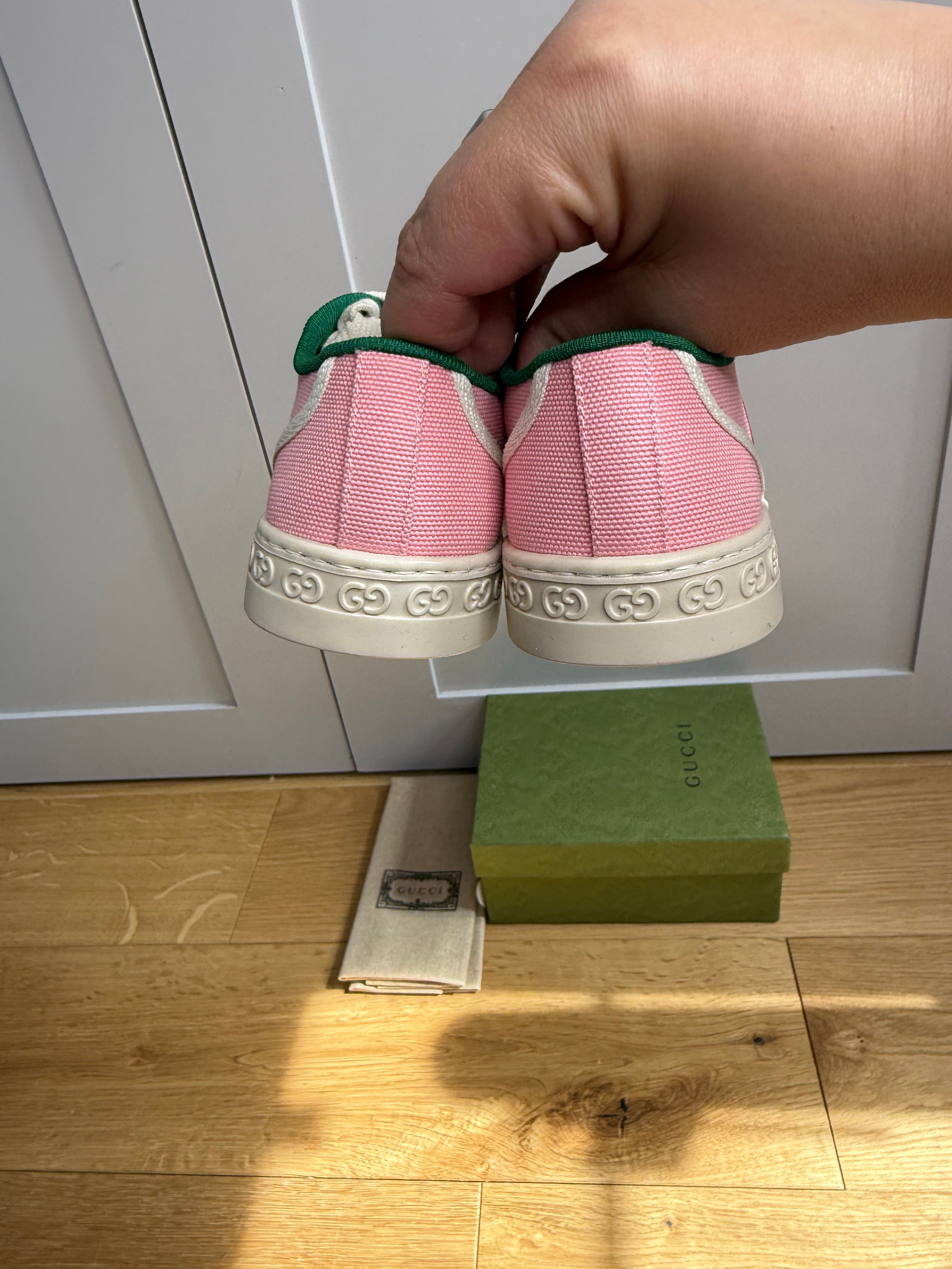 New Gucci GG Embroidered Kids Canvas Trainers In Pink