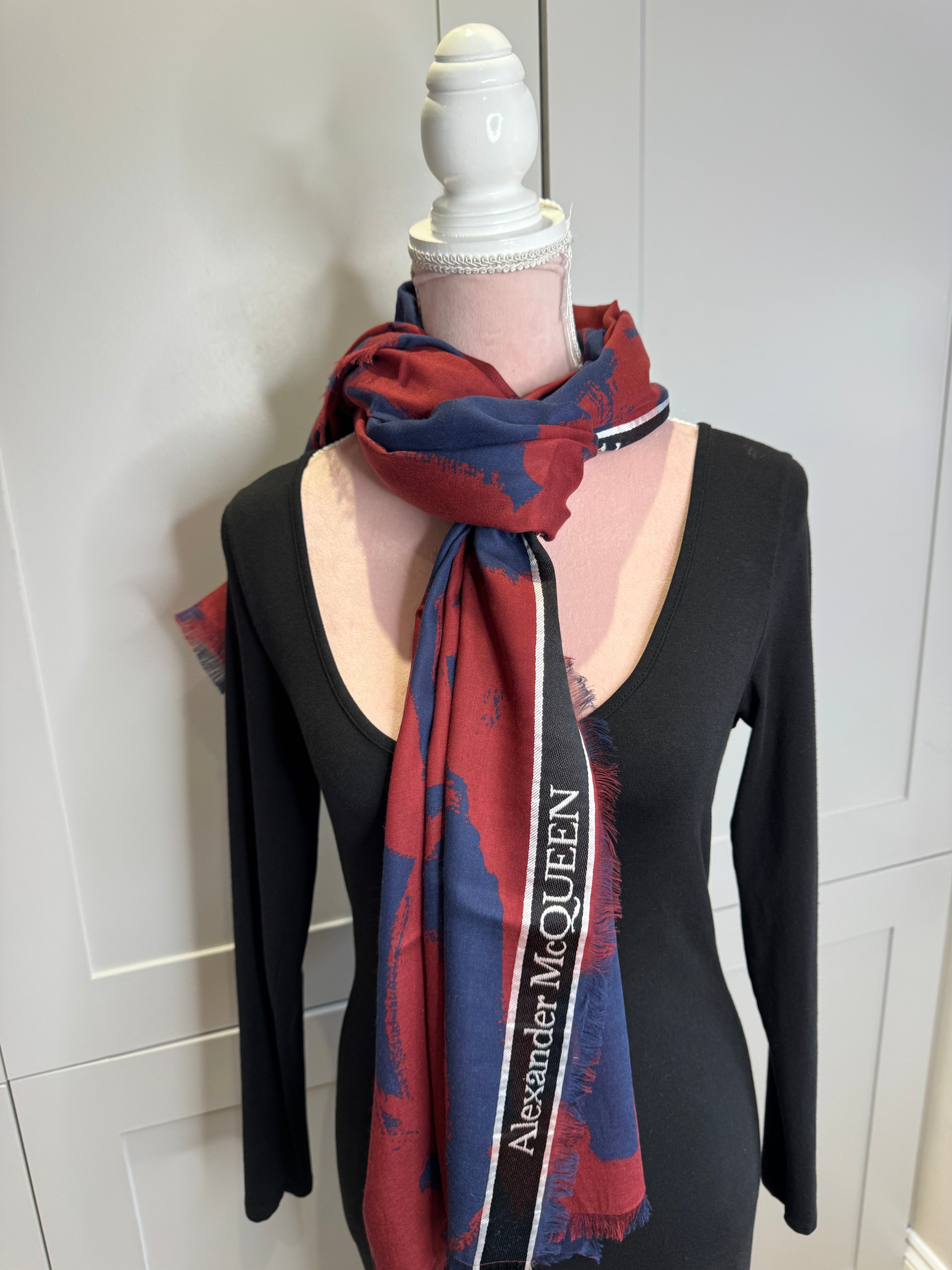 Alexander McQueen Graffiti Bordered Scarf Red and Blue