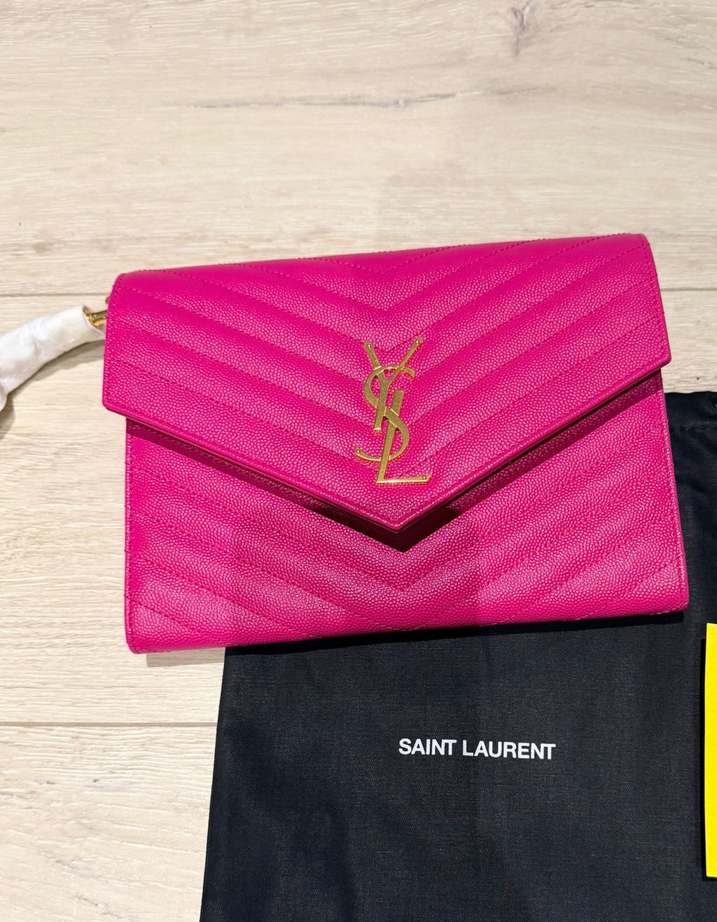 Fuschia Pink Saint Laurent Cassandre Matelassé Flap Pouch wristlet Bag In Grain De Poudre Leather