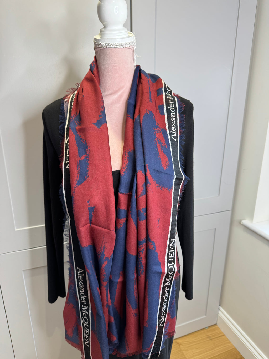 Alexander McQueen Graffiti Bordered Scarf Red and Blue modelled