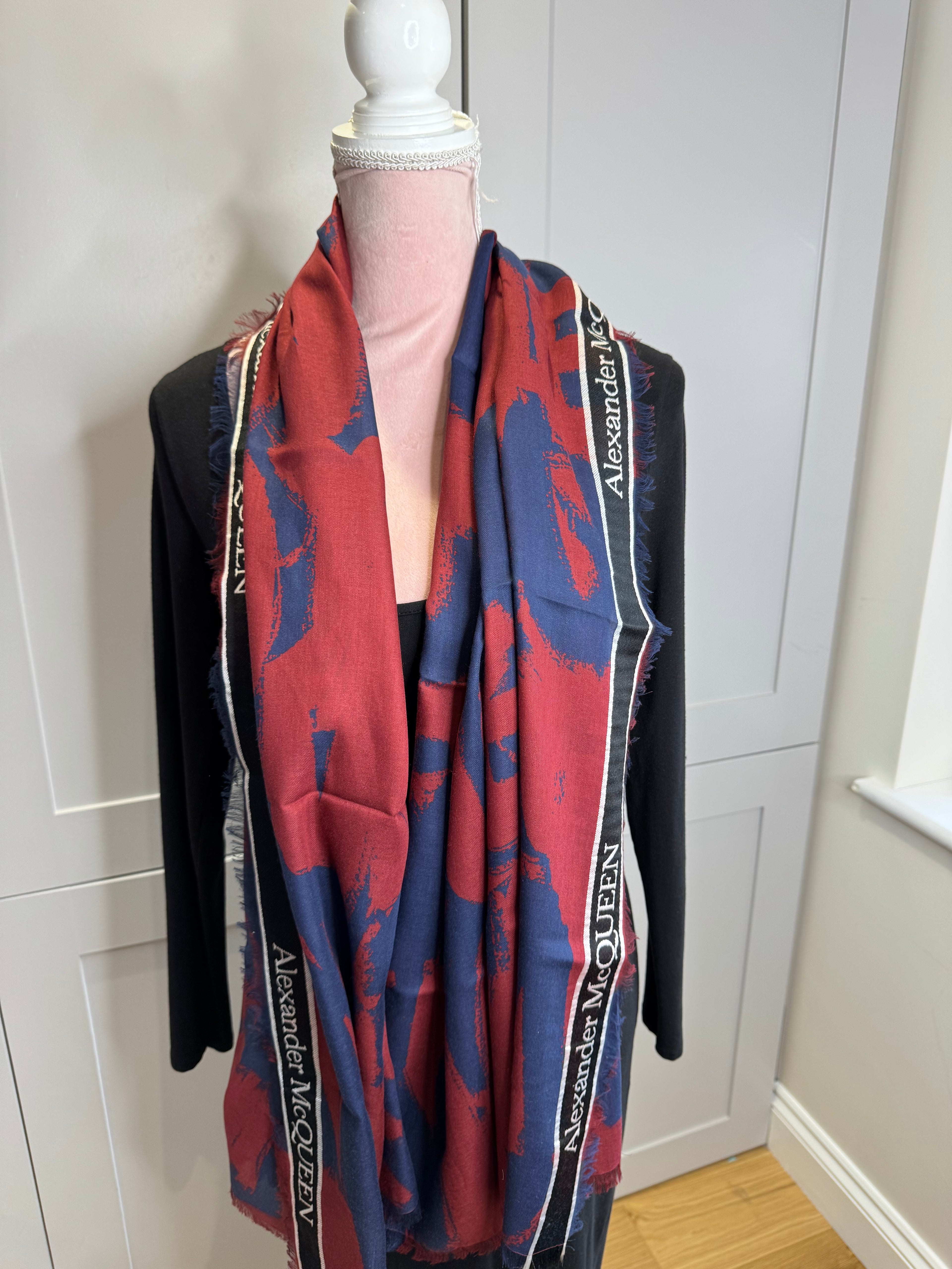 Alexander McQueen Graffiti Bordered Scarf Red and Blue modelled