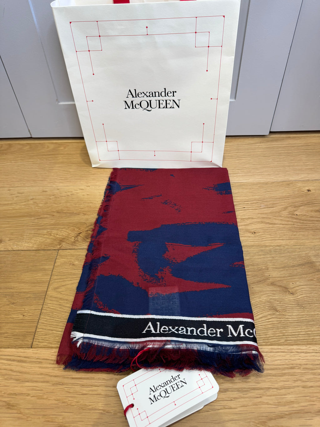 Alexander McQueen Graffiti Bordered Scarf Red and Blue with tag