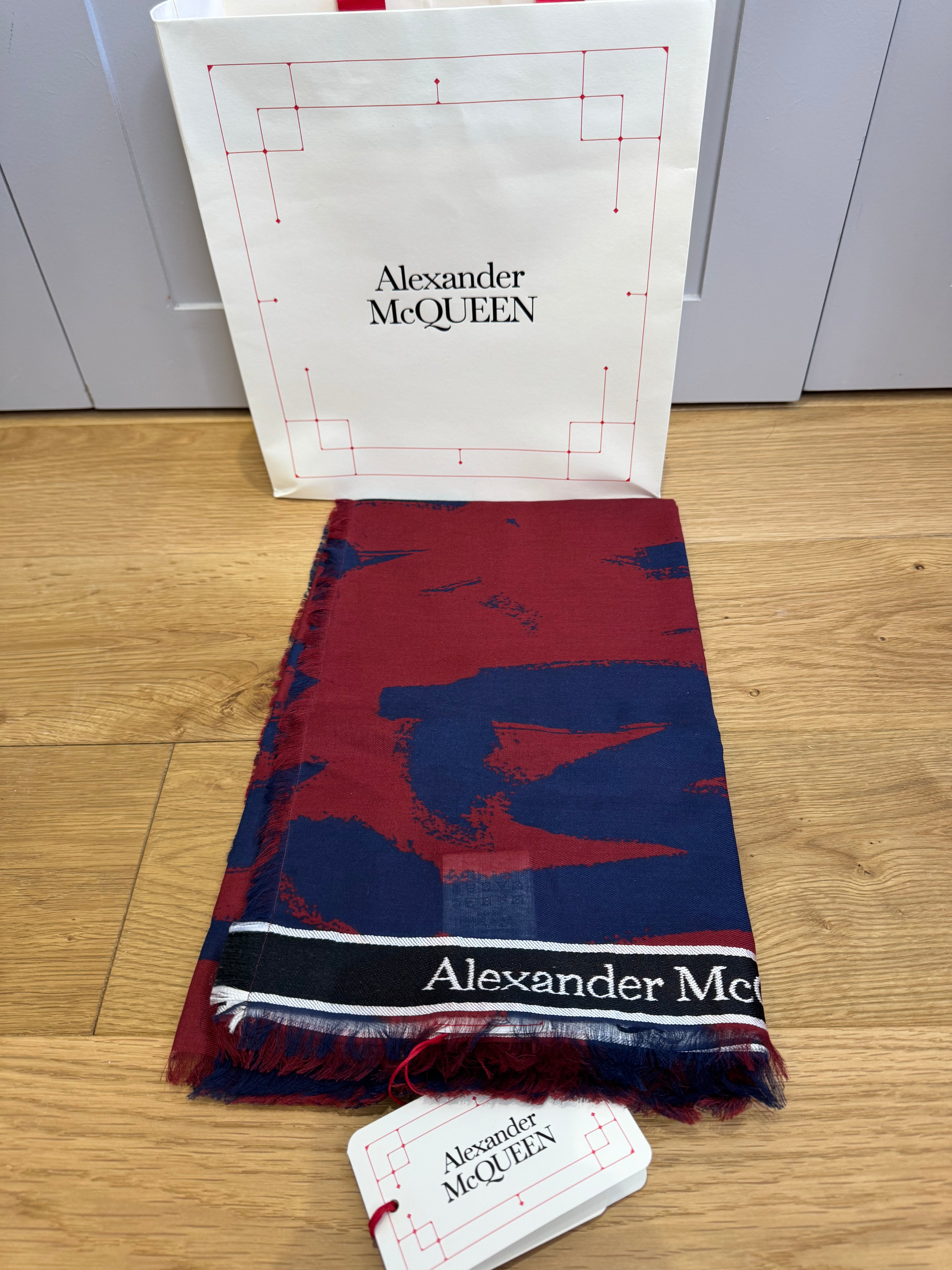 Alexander McQueen Graffiti Bordered Scarf Red and Blue with tag