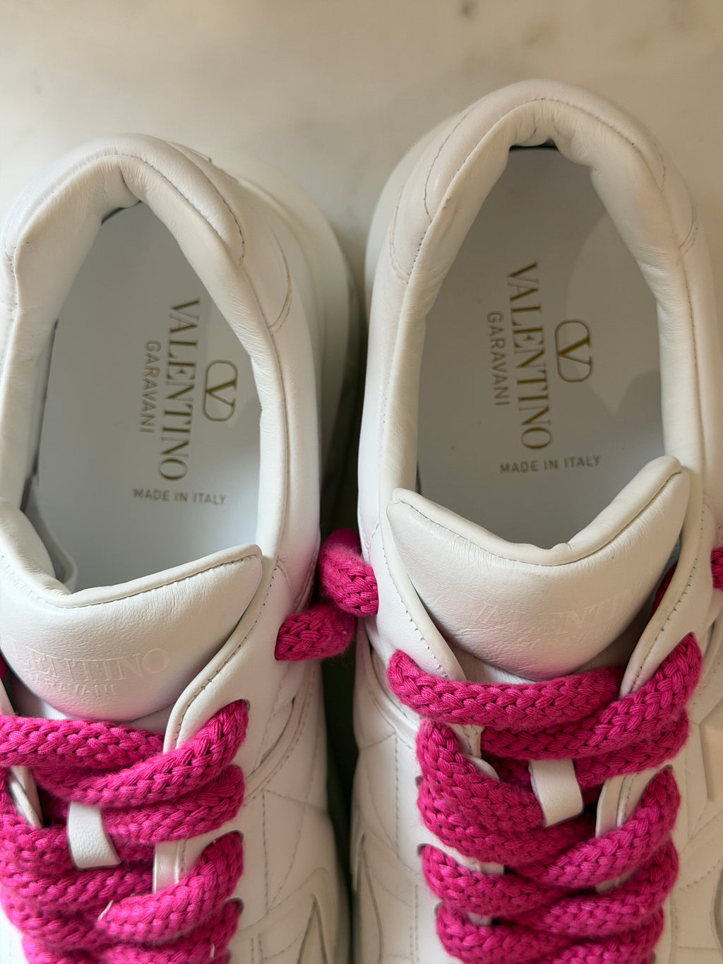 Valentino Garavani White Leather Trainees with Pink Laces - Eu 42
