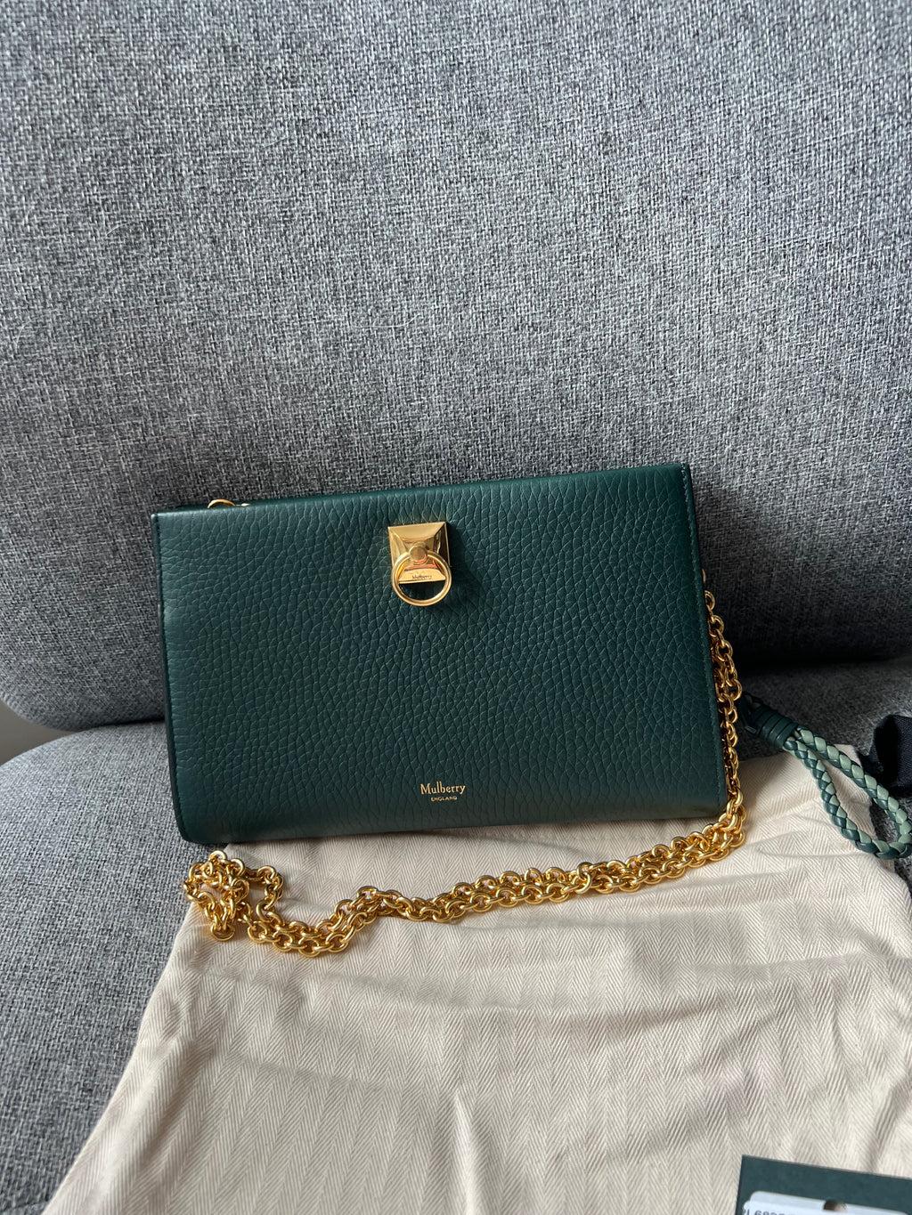 New Mulberry Iris Wallet On Chain Bag In Mulberry Green with Matching Zip Pull