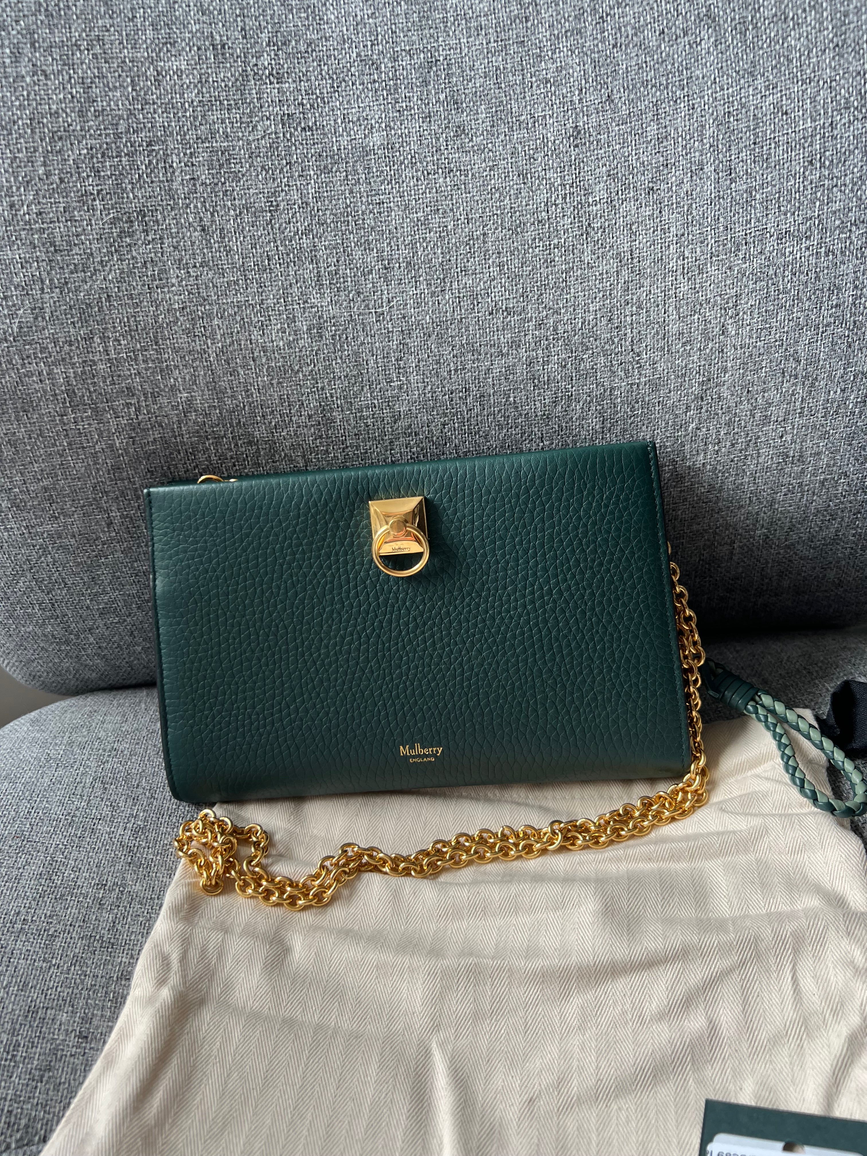 New Mulberry Iris Wallet On Chain Bag In Mulberry Green with Matching Zip Pull