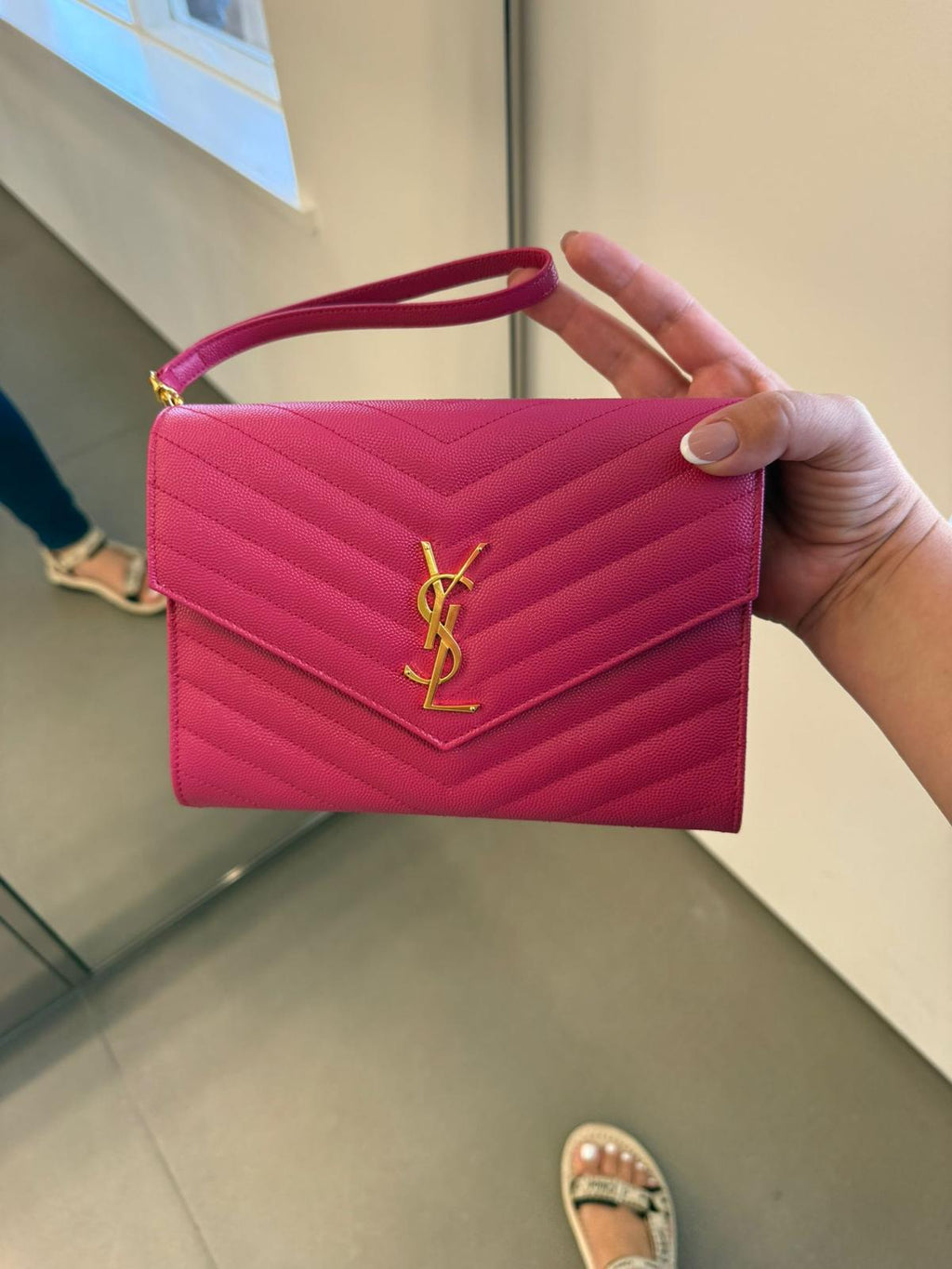 Fuschia Pink Saint Laurent Cassandre Matelassé Flap Pouch wristlet Bag In Grain De Poudre Leather