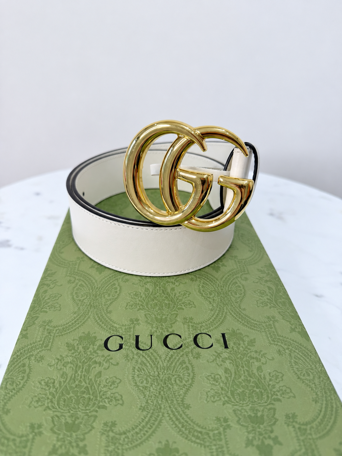 Gucci Marmont Leather Belt – Ivory &amp; Shiny Gold-Tone – Size 80 – Brand New in Box