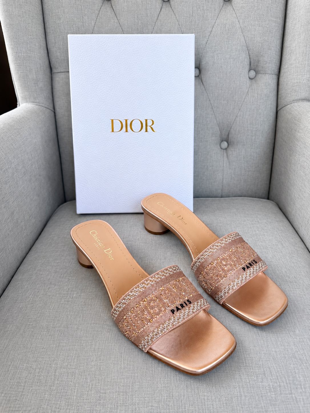 Christian Dior rose gold pink crystal embellished heeled mule sandals with original Dior box.