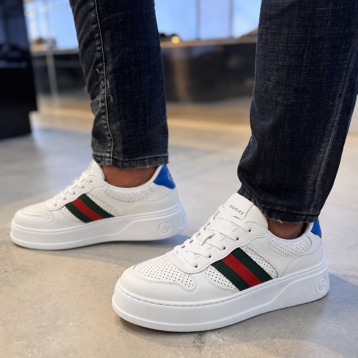 Gucci Women’s Chunky Leather Trainers with Web Detail & Light Blue Heel – EU 36.5 / UK 3.5 – Brand New